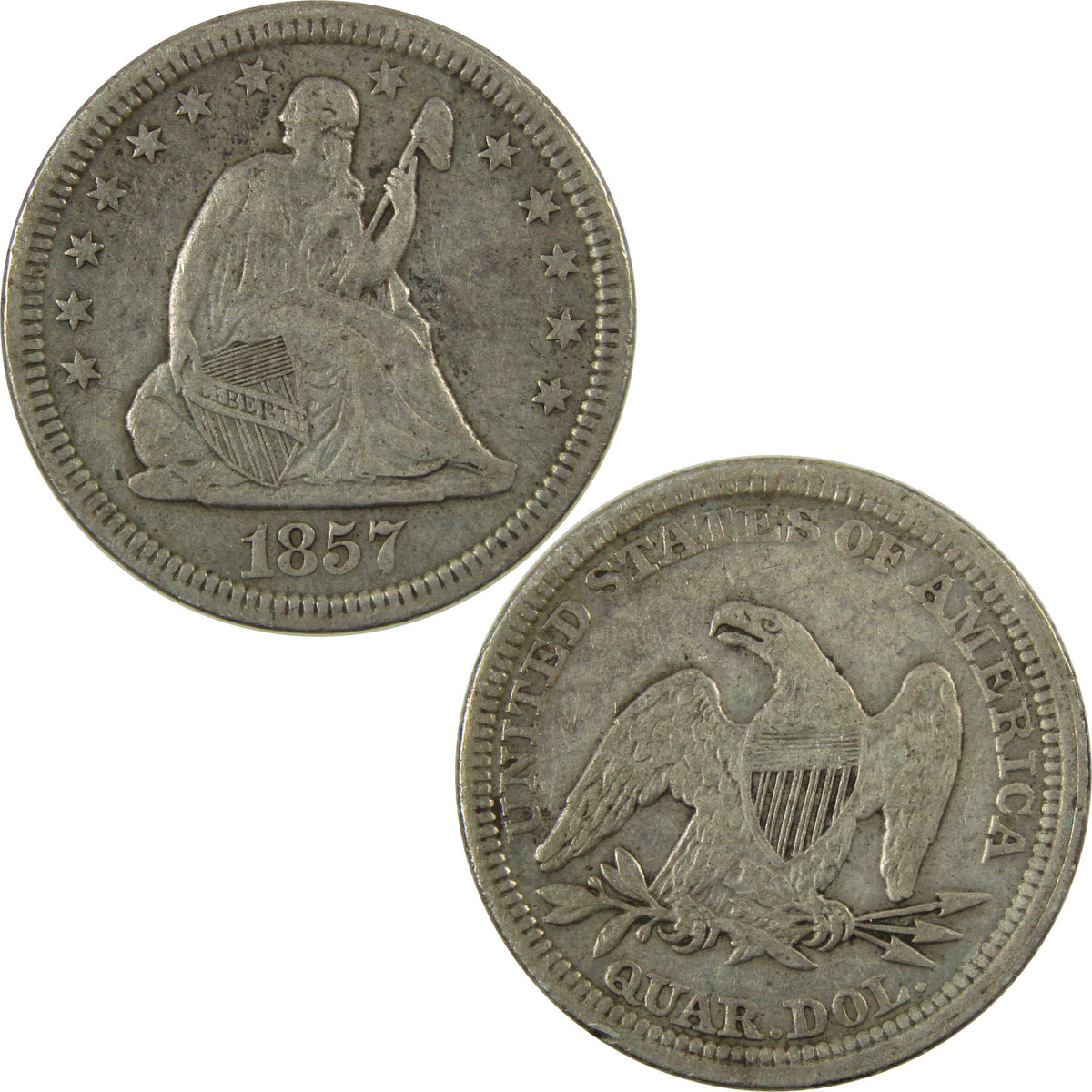 1857 Seated Liberty Silver Quarter VF Very Fine 25c Coin SKU:CP1706