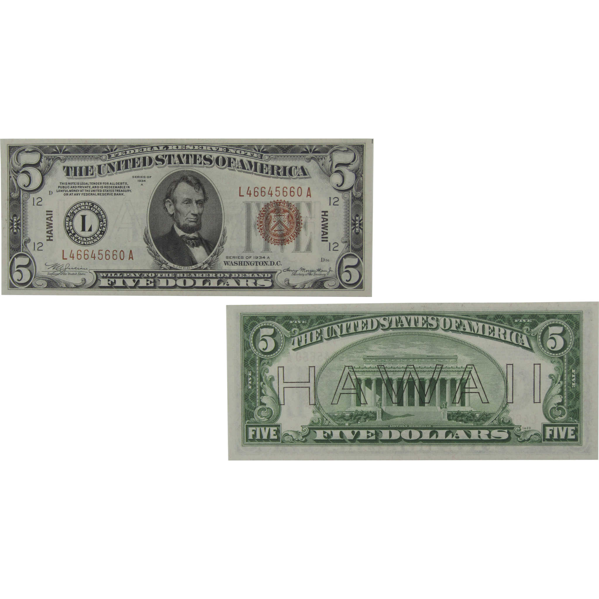 1934 A $5 Federal Reserve Note Hawaii WWII Fr 2302 AU About Unc