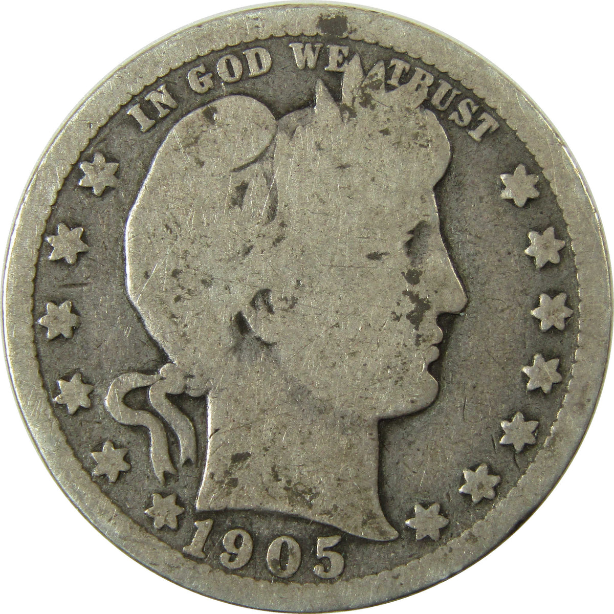 1905 Barber Silver Quarter G Good 25c Coin Collectible SKU:I28497