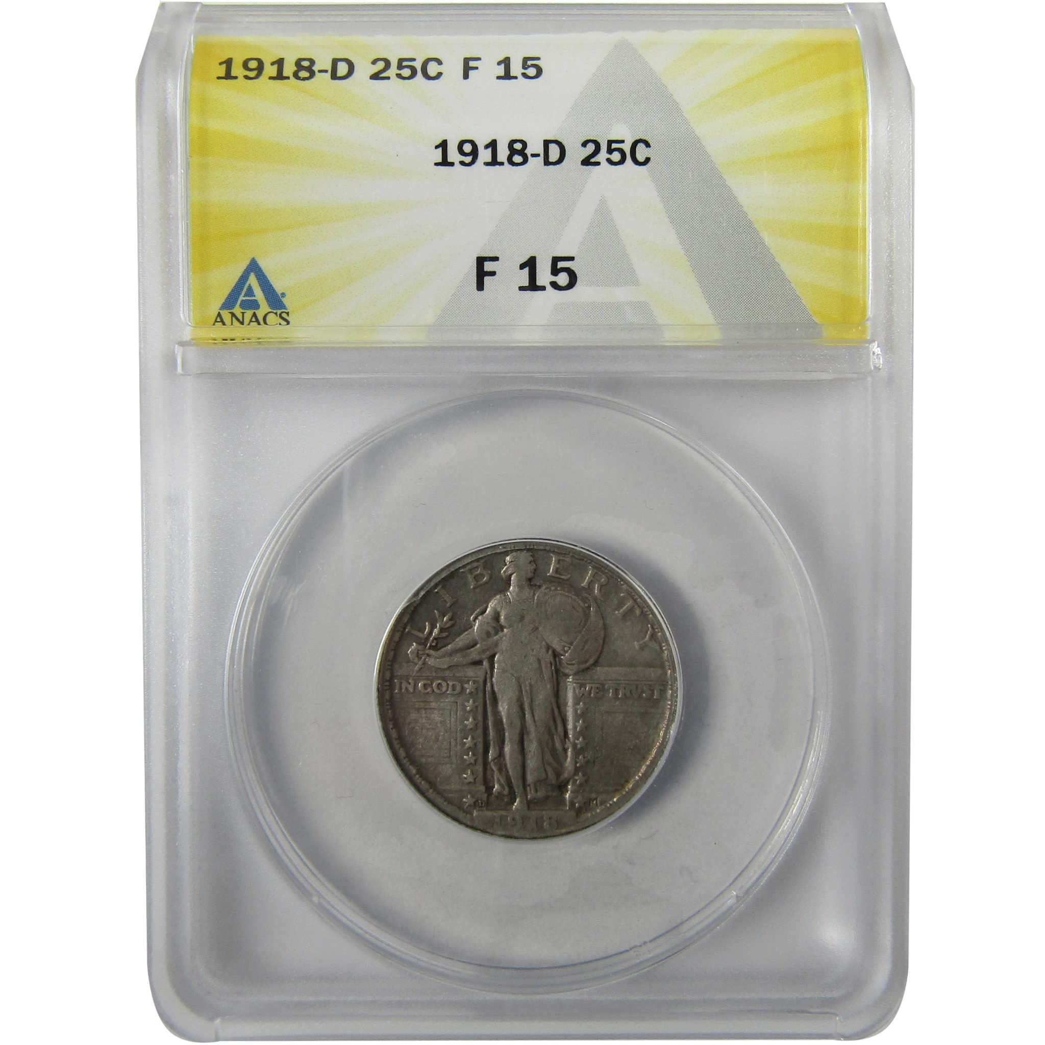 1918 D Standing Liberty Silver Quarter F 15 ANACS 25c Coin SKU:I28001