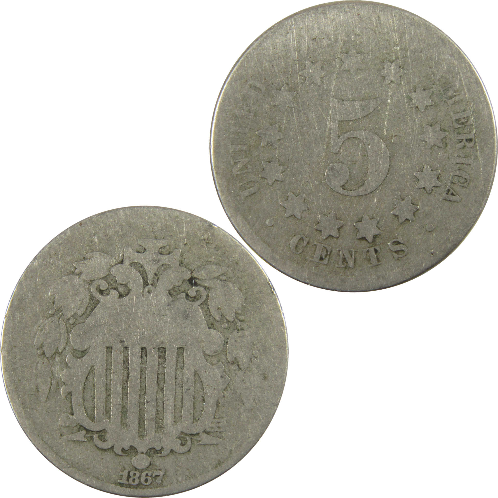 1867 No Rays Shield Nickel AG About Good 5c Coin SKU:I28221