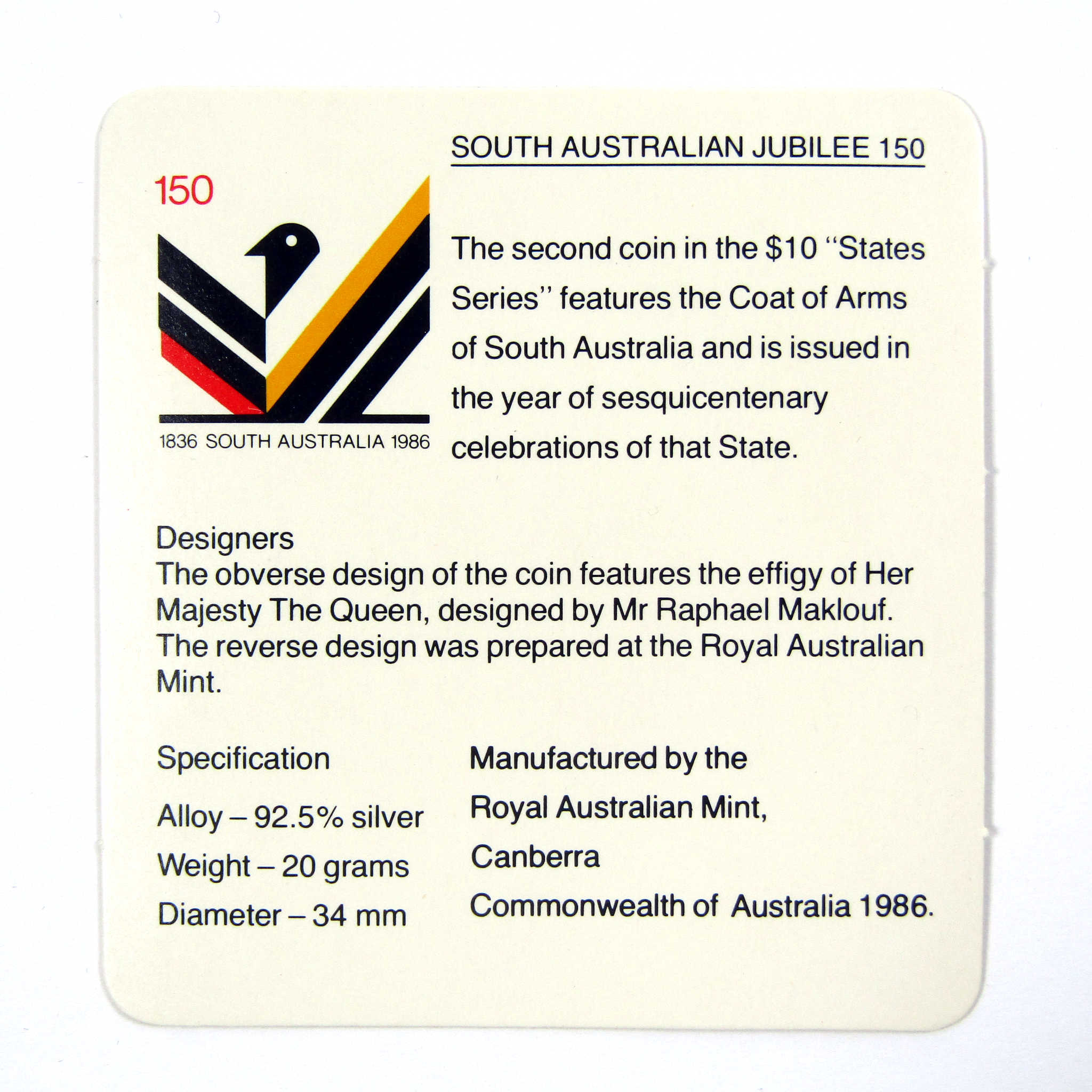 1986 Australian South Australia Commemorative Unc SKU:CPC4408