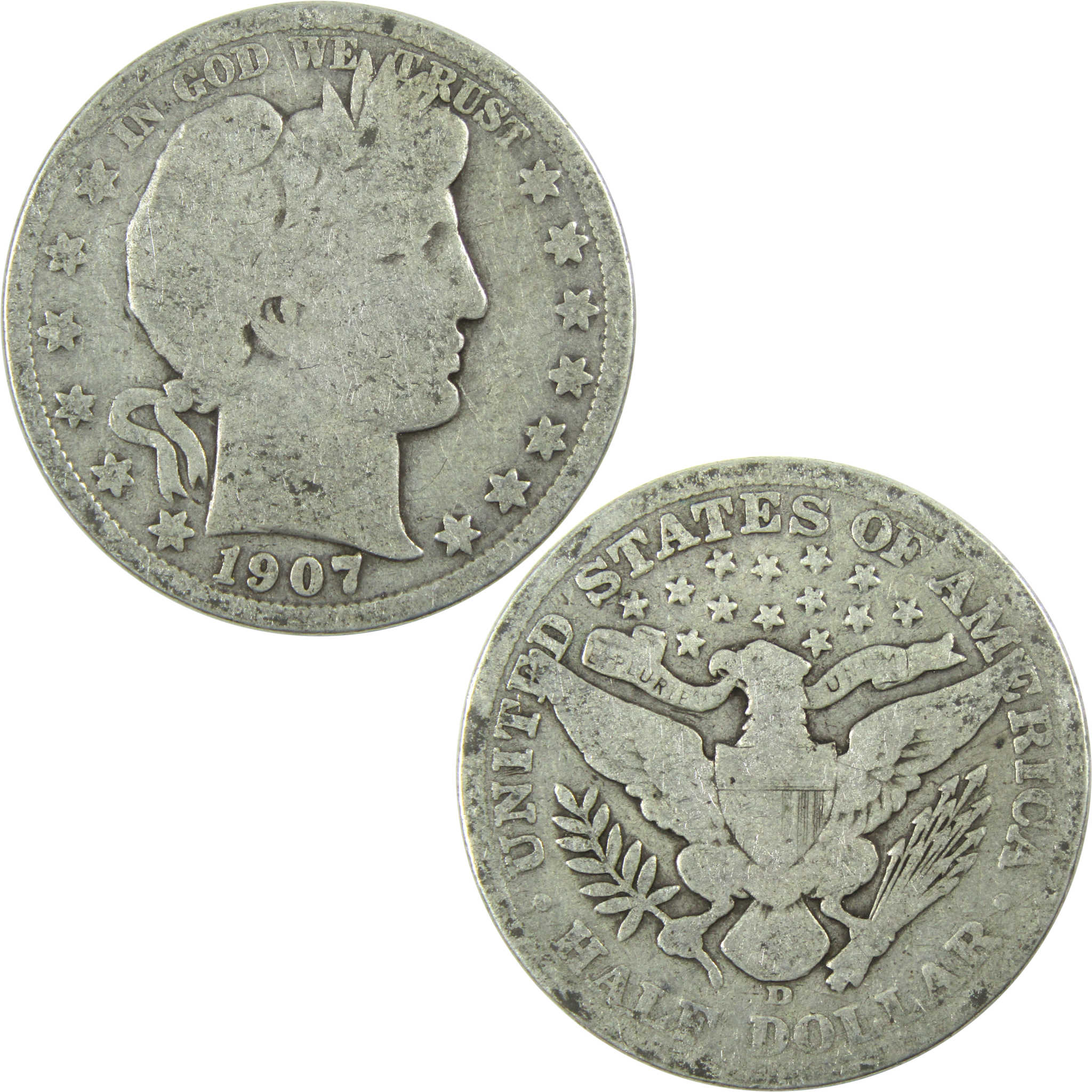 1907 D Barber Half Dollar G Good Silver 50c Coin SKU:I13287