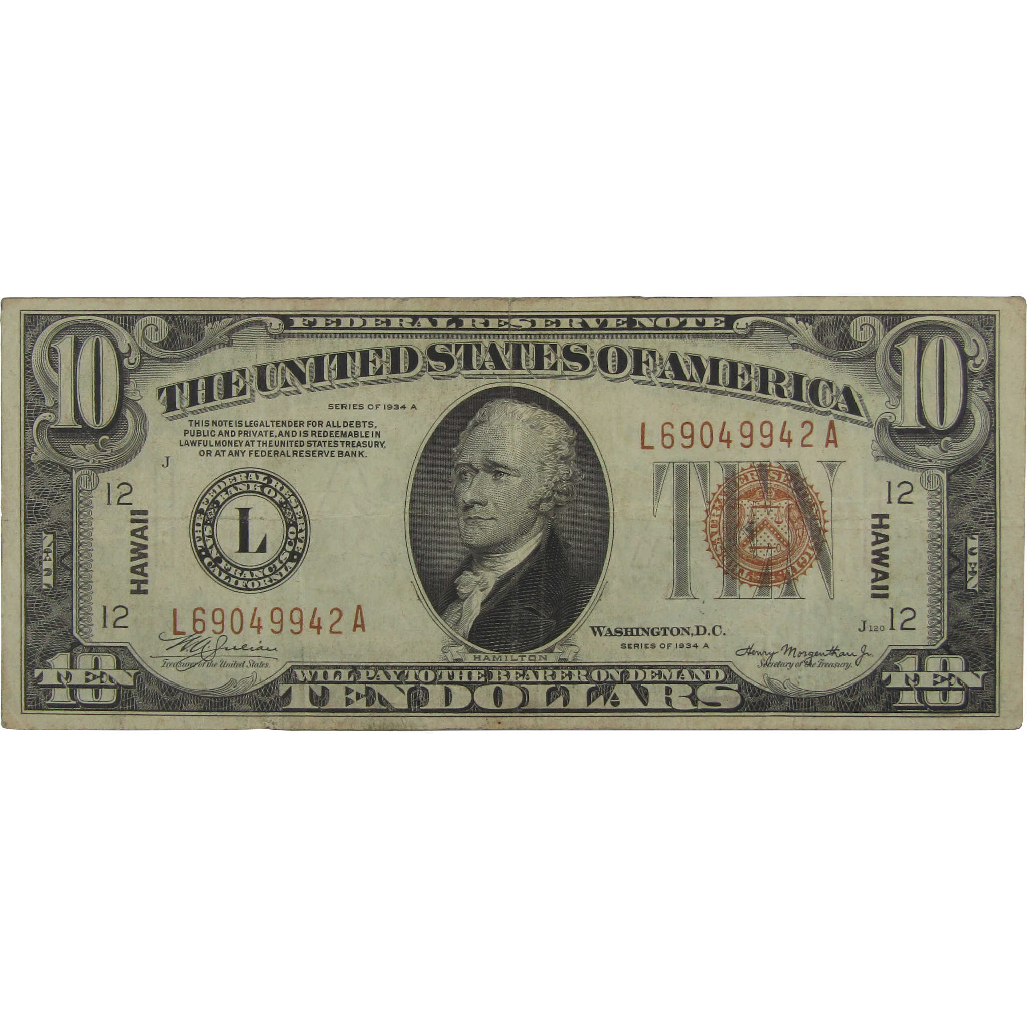 1934 A $10 Federal Reserve Note Hawaii WWII Fr 2303 Fine / Very Fine