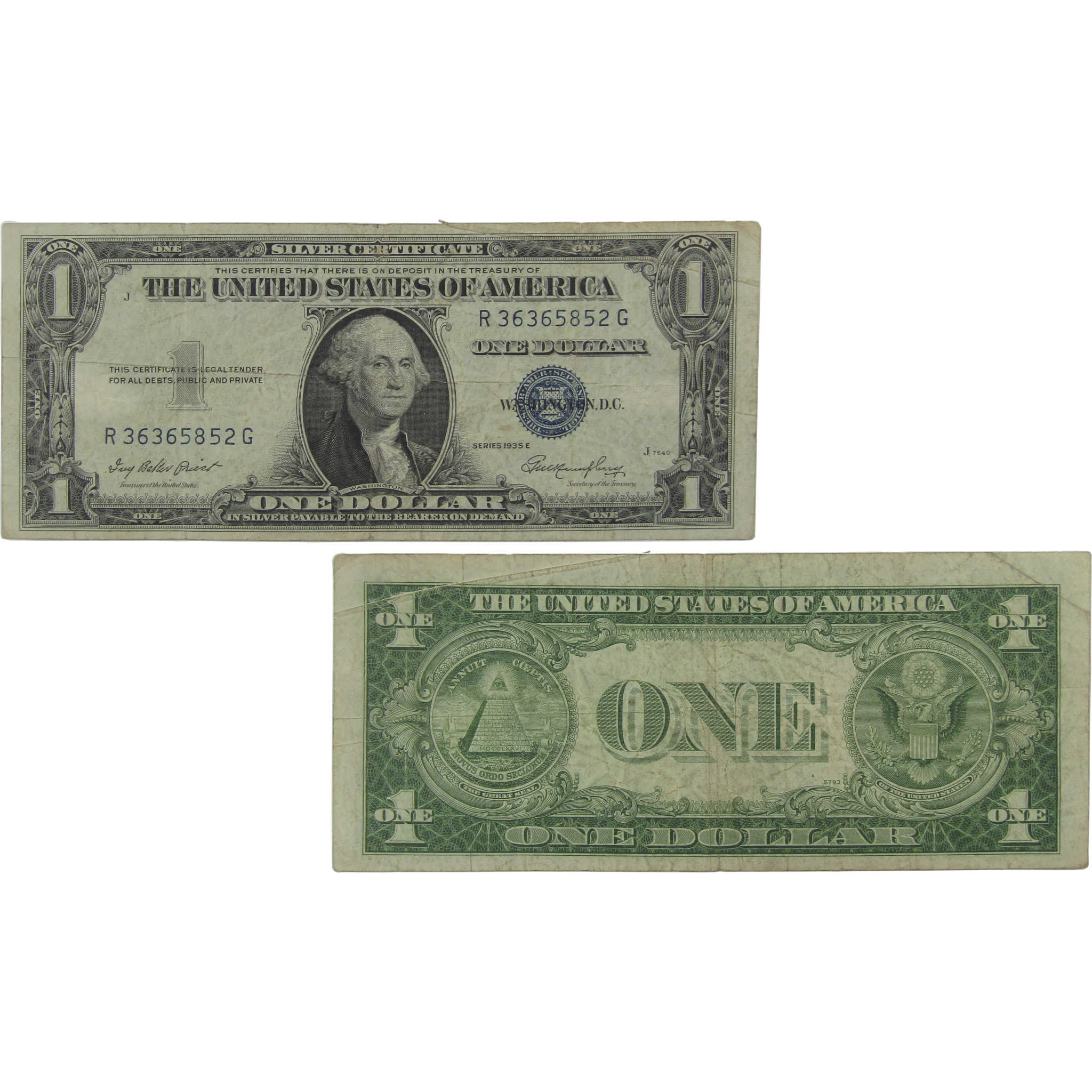 1935 E $1 Small Size Silver Certificate Note F Fine Gutter Fold
