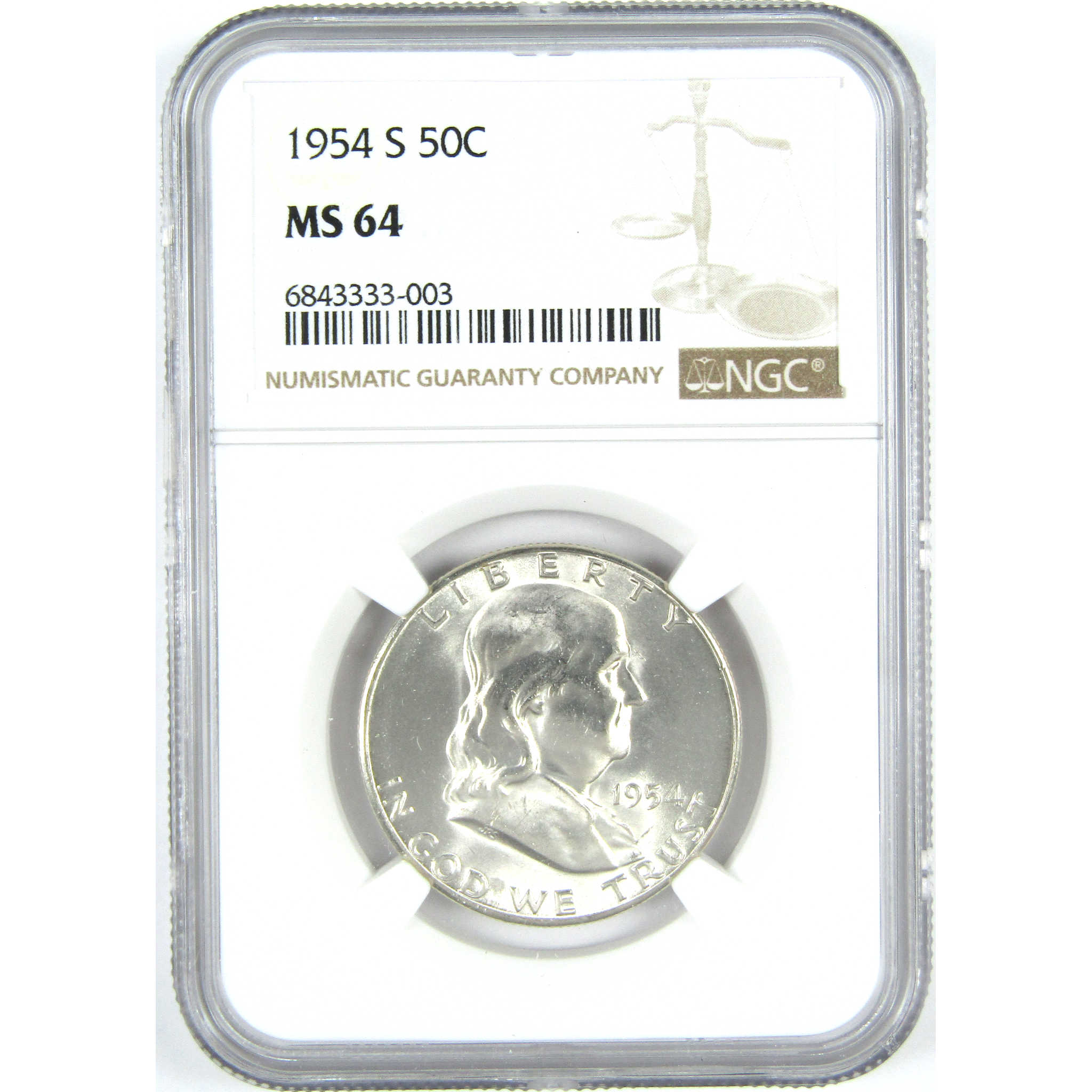 1954 S Franklin Half Dollar MS 64 NGC Silver 50c Unc Coin SKU:I15221