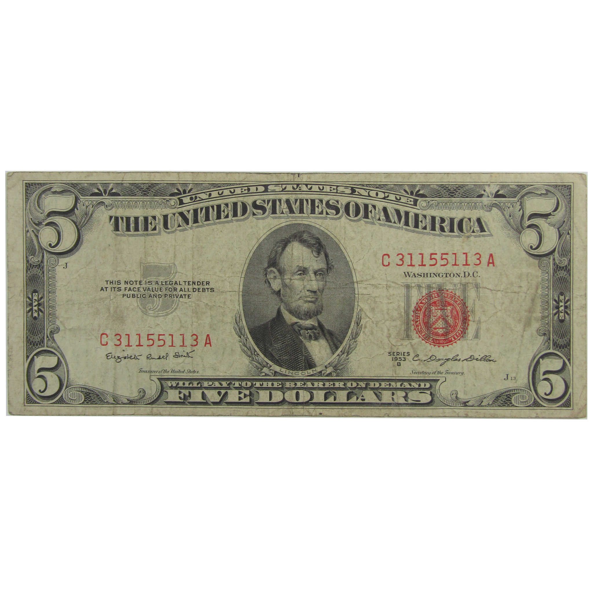 1953 B $5 Small Size Legal Tender Radar Note F Fine Currency