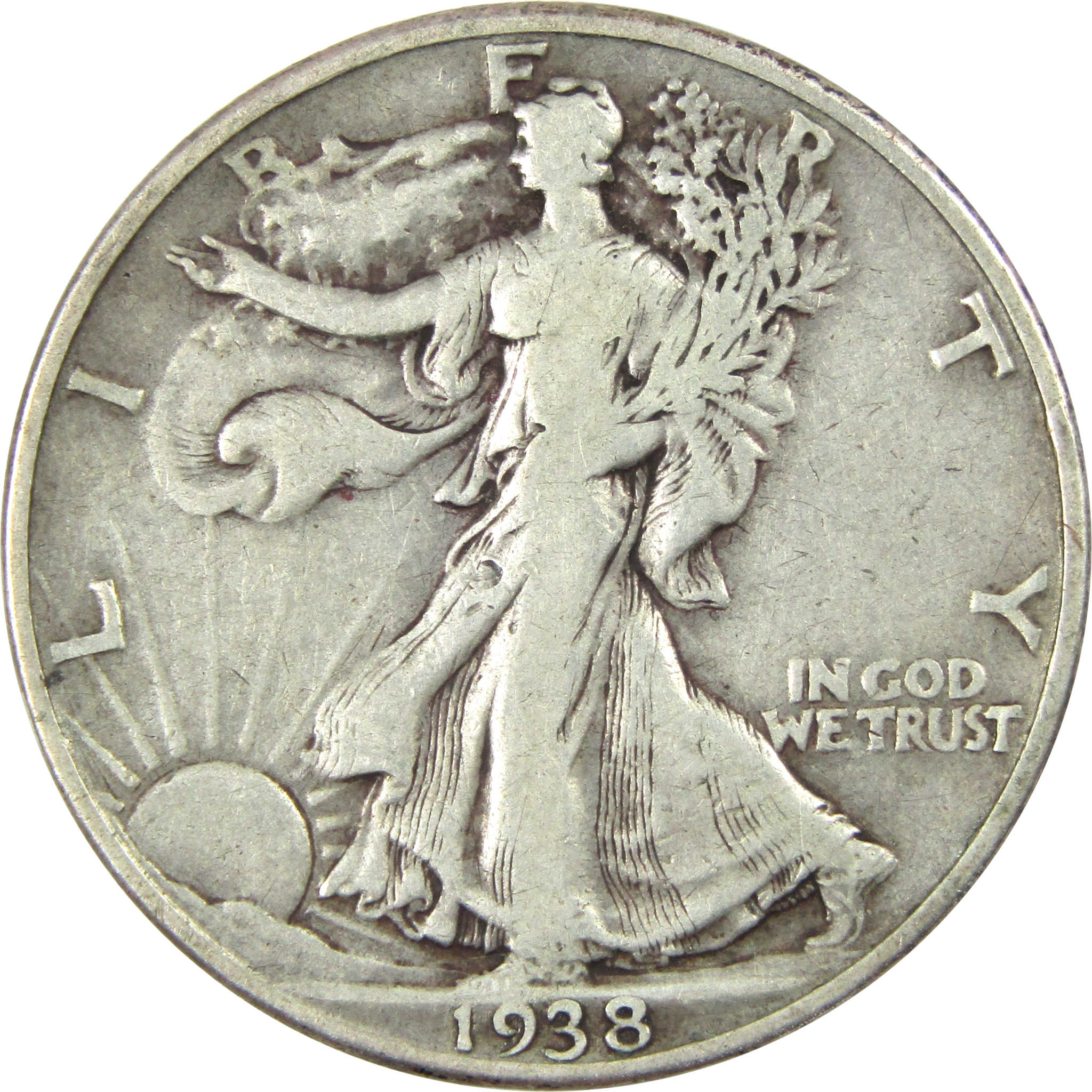 1938 D Liberty Walking Half Dollar F Fine Silver 50c Coin SKU:I13854