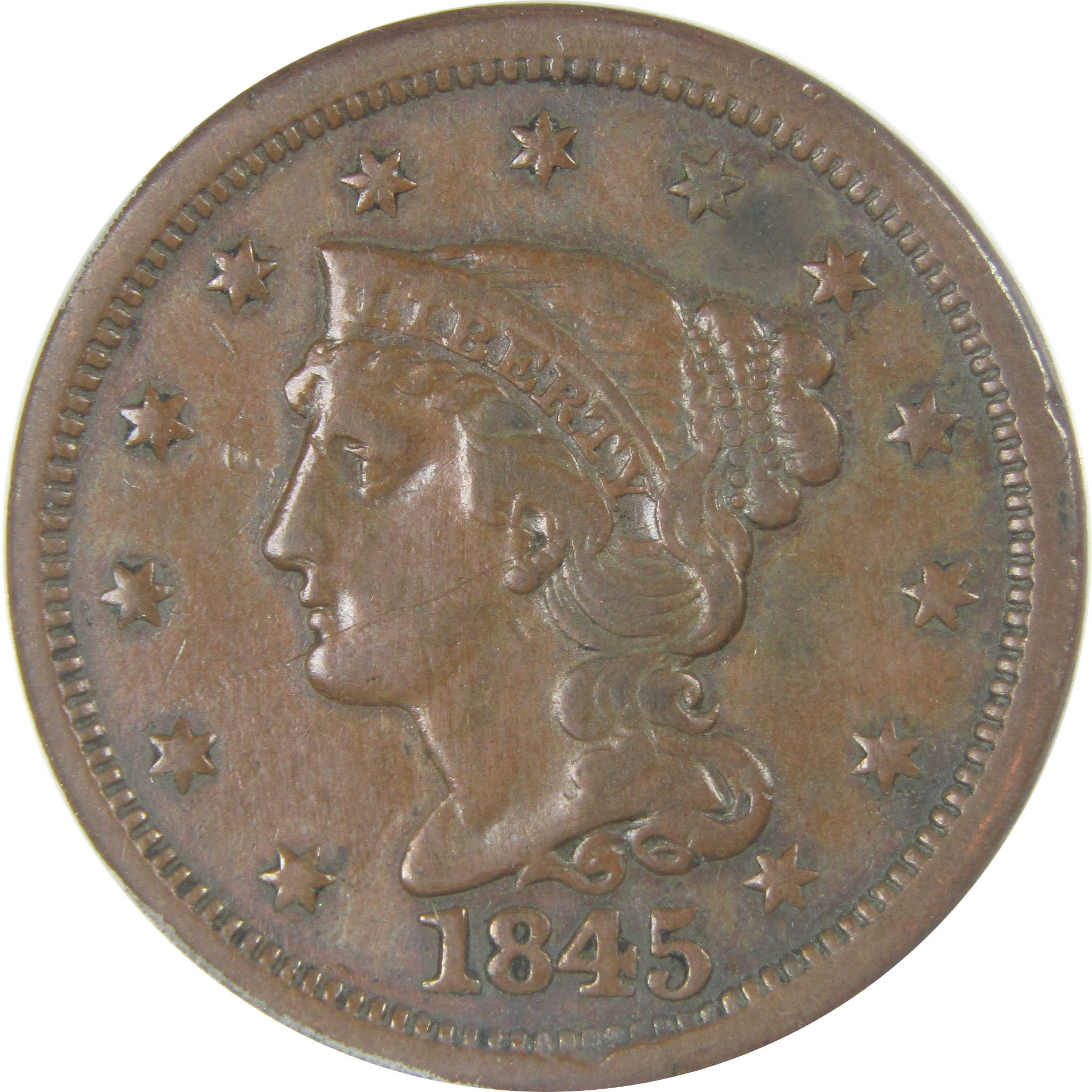 1845 Braided Hair Large Cent VF 30 Details ANACS Copper SKU:I16057