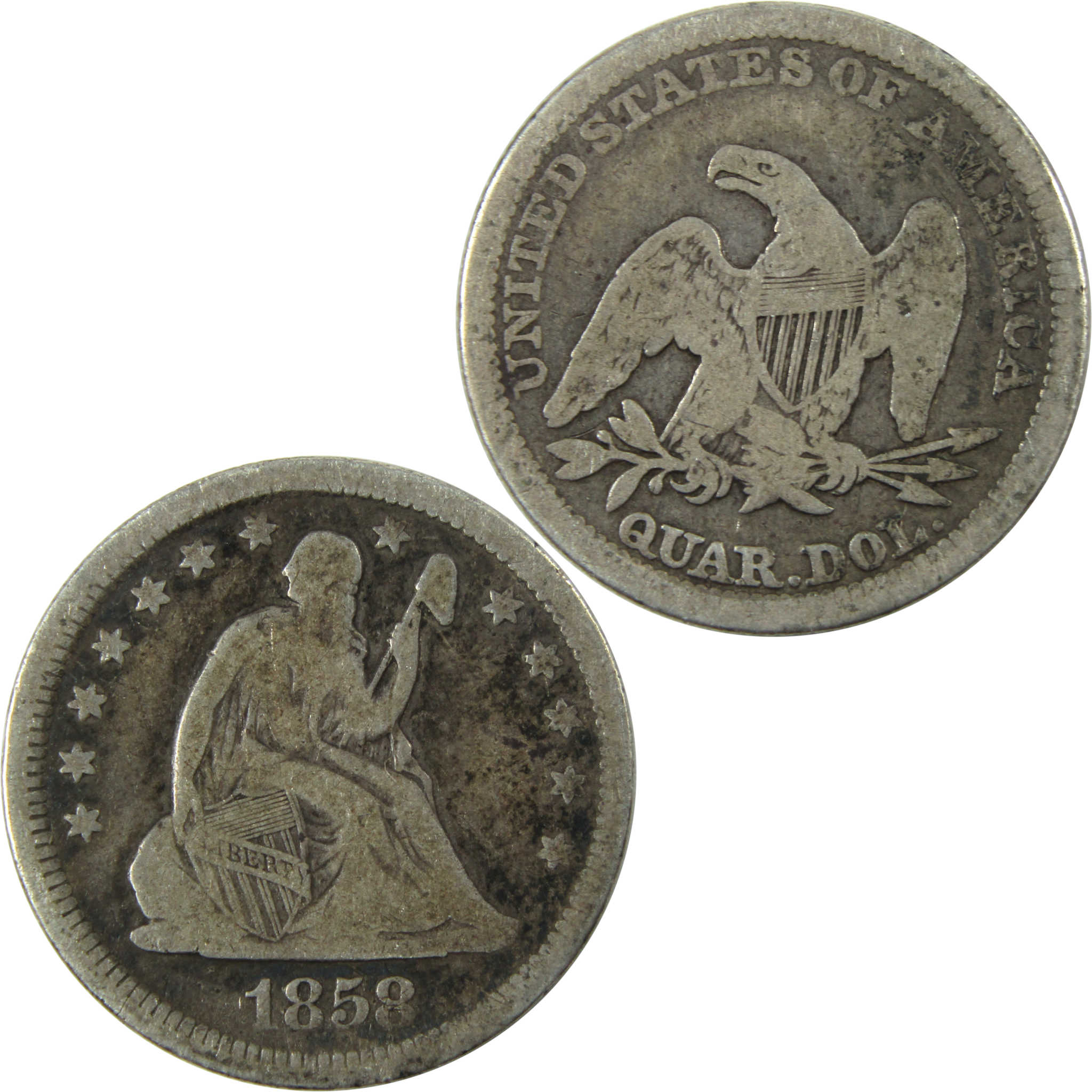 1858 Seated Liberty Quarter F Fine Silver 25c Coin SKU:I13321