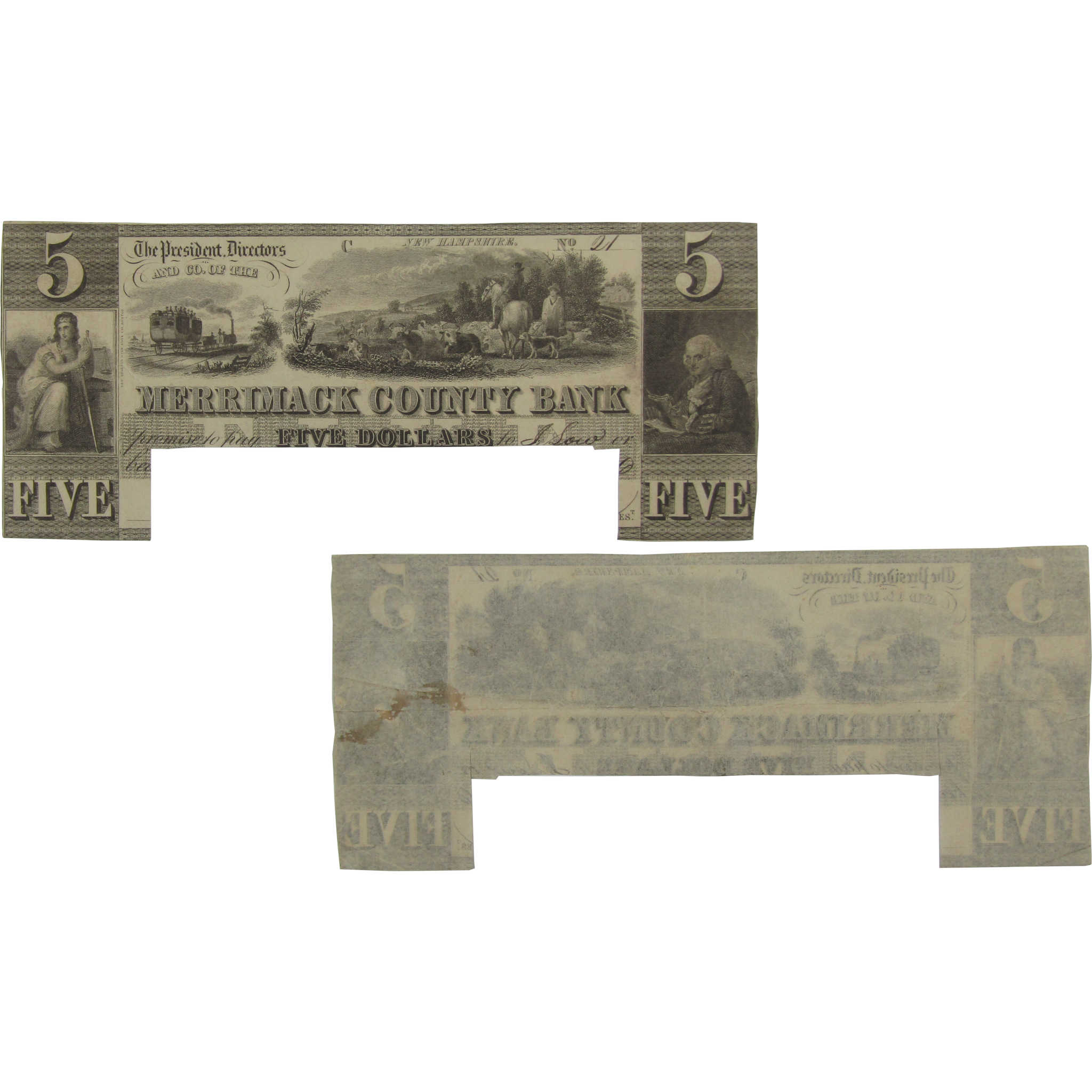 $5 Merrimack County Bank NH Obsolete Note Circulated Cut Canceled
