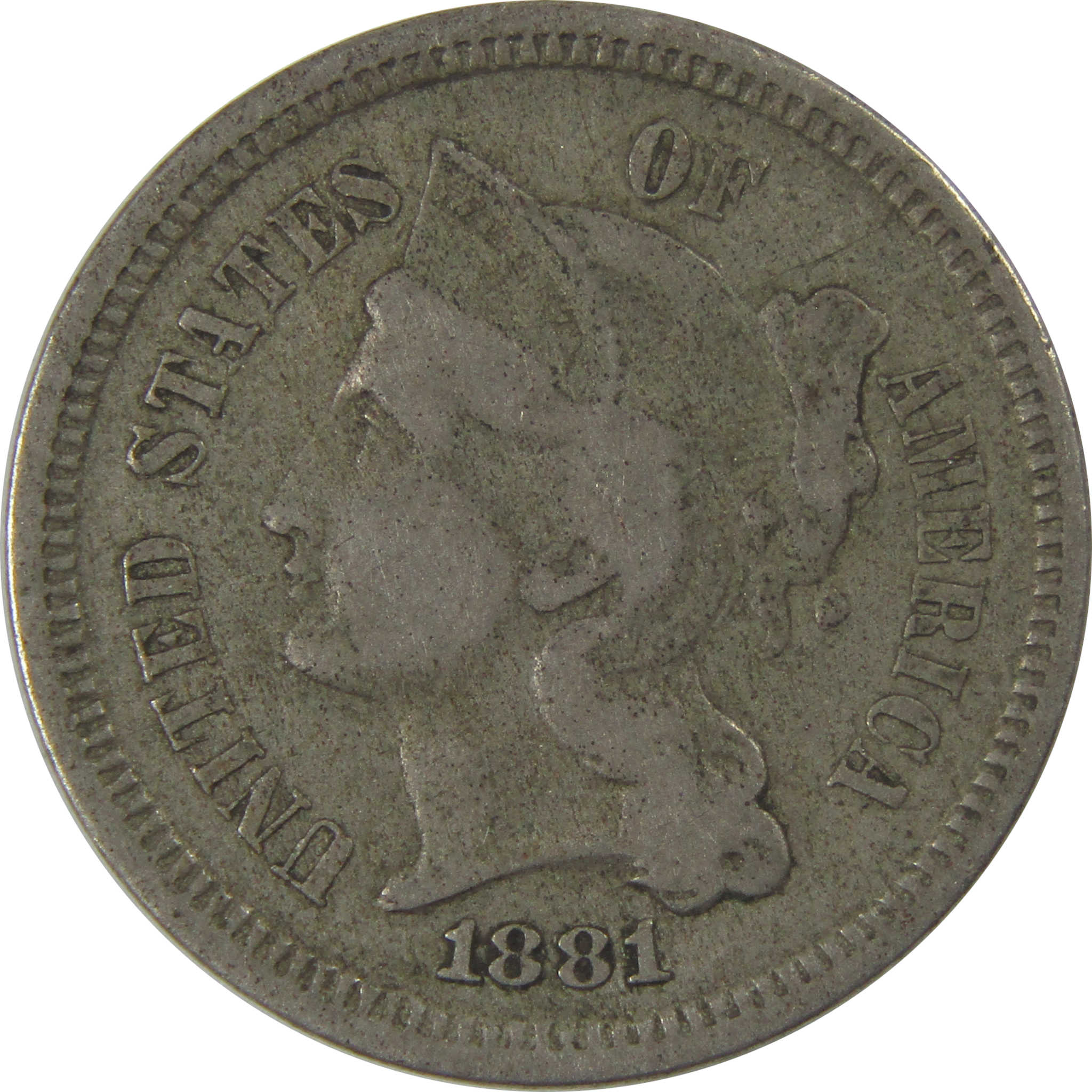 1881 Nickel Three Cent Piece F Fine 3c Coin SKU:I23829