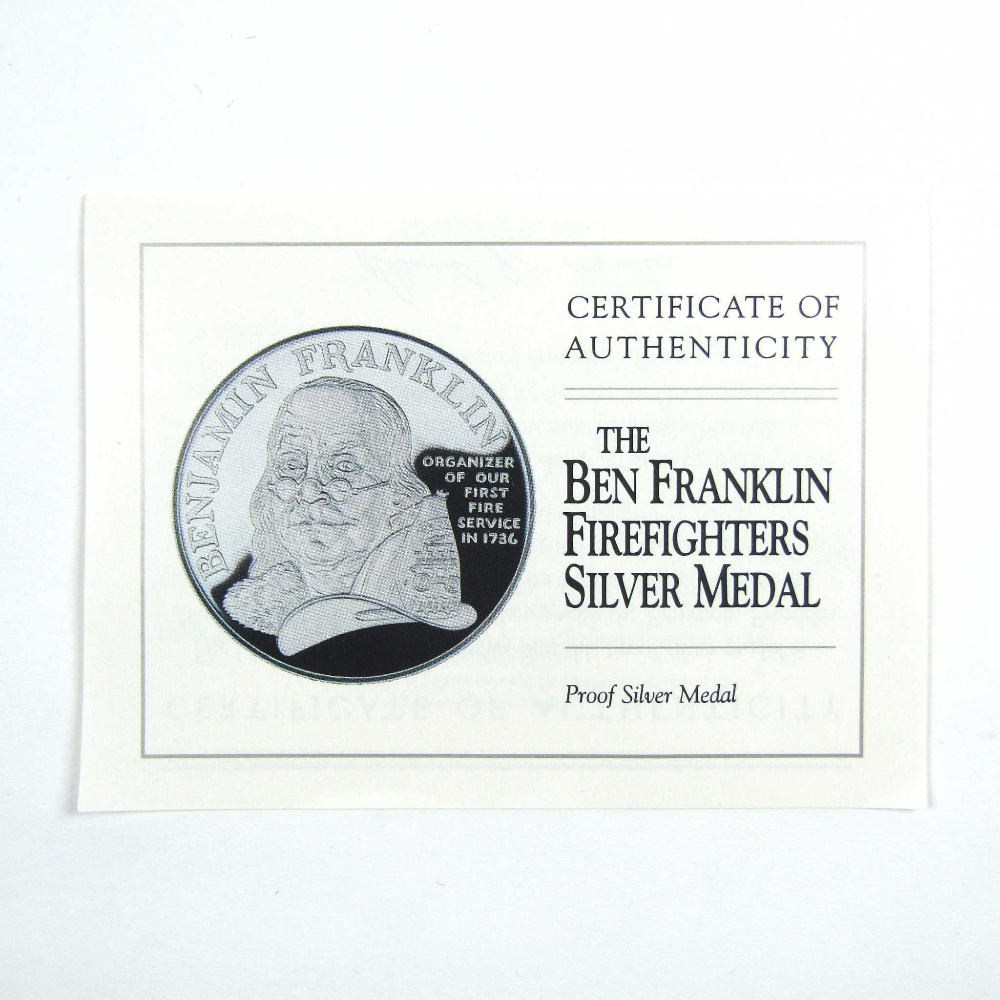 1992 P Ben Franklin Firefighter Proof Medal 1 oz Silver SKU:CPC3924