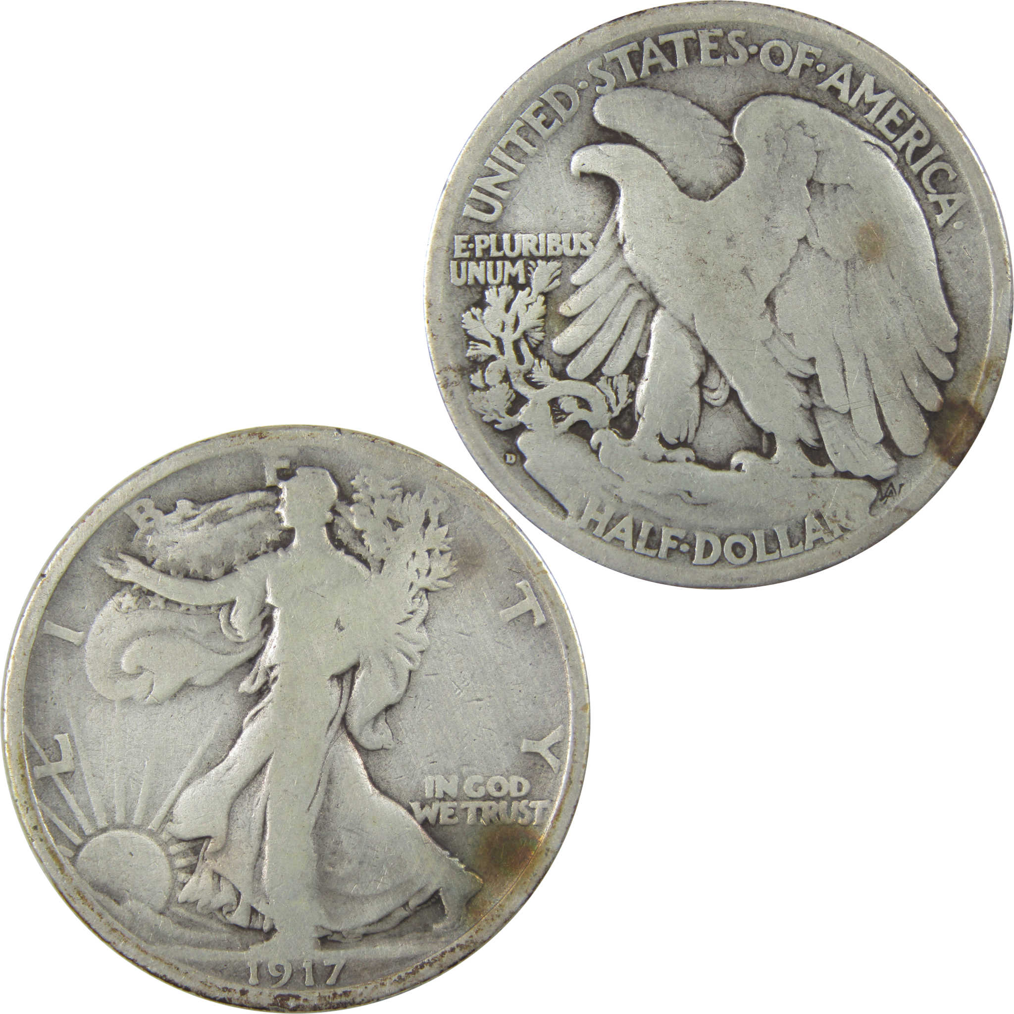 1917 D Reverse Liberty Walking Silver 50c Very Good Details SKU:I24133