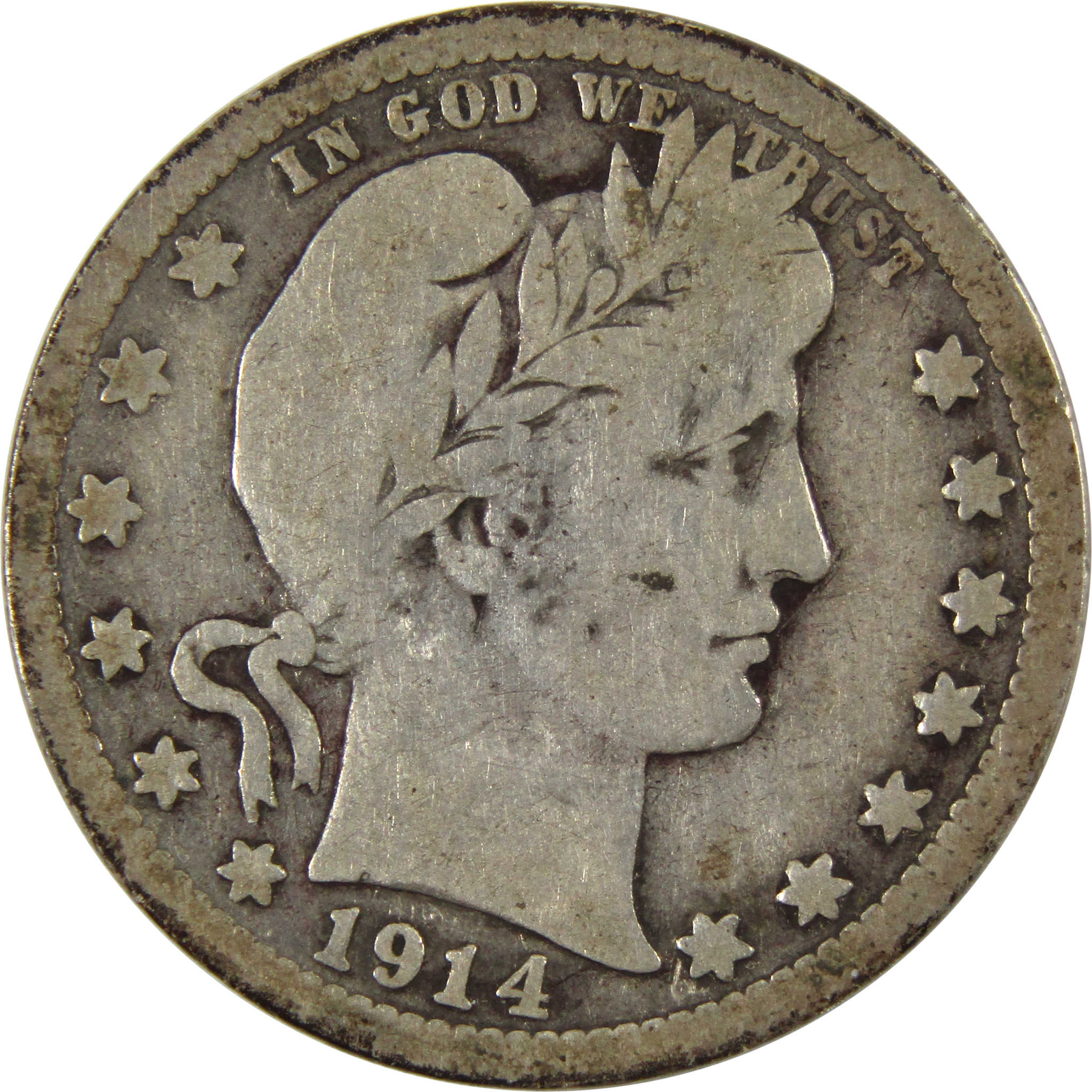 1914 Barber Quarter VG Very Good 90% Silver 25c Coin SKU:I10107