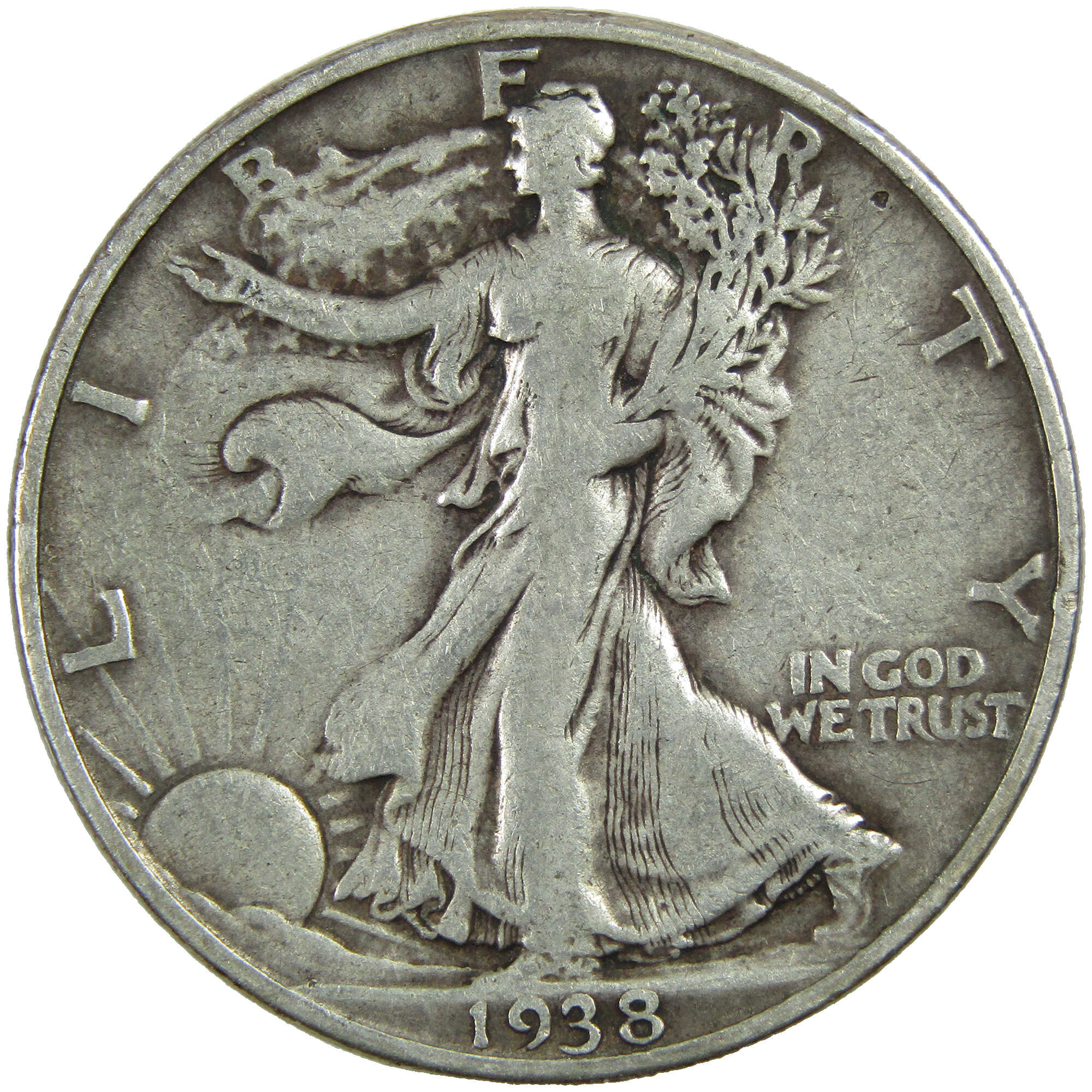 1938 D Liberty Walking Half Dollar F Fine Silver 50c Coin SKU:I12878