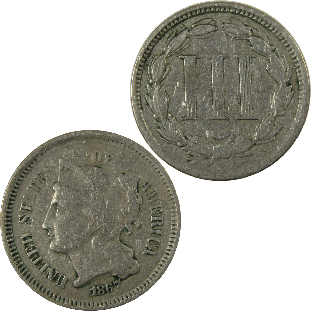 1867 Nickel Three Cent Piece VF Very Fine Details 3c Coin SKU:I28515