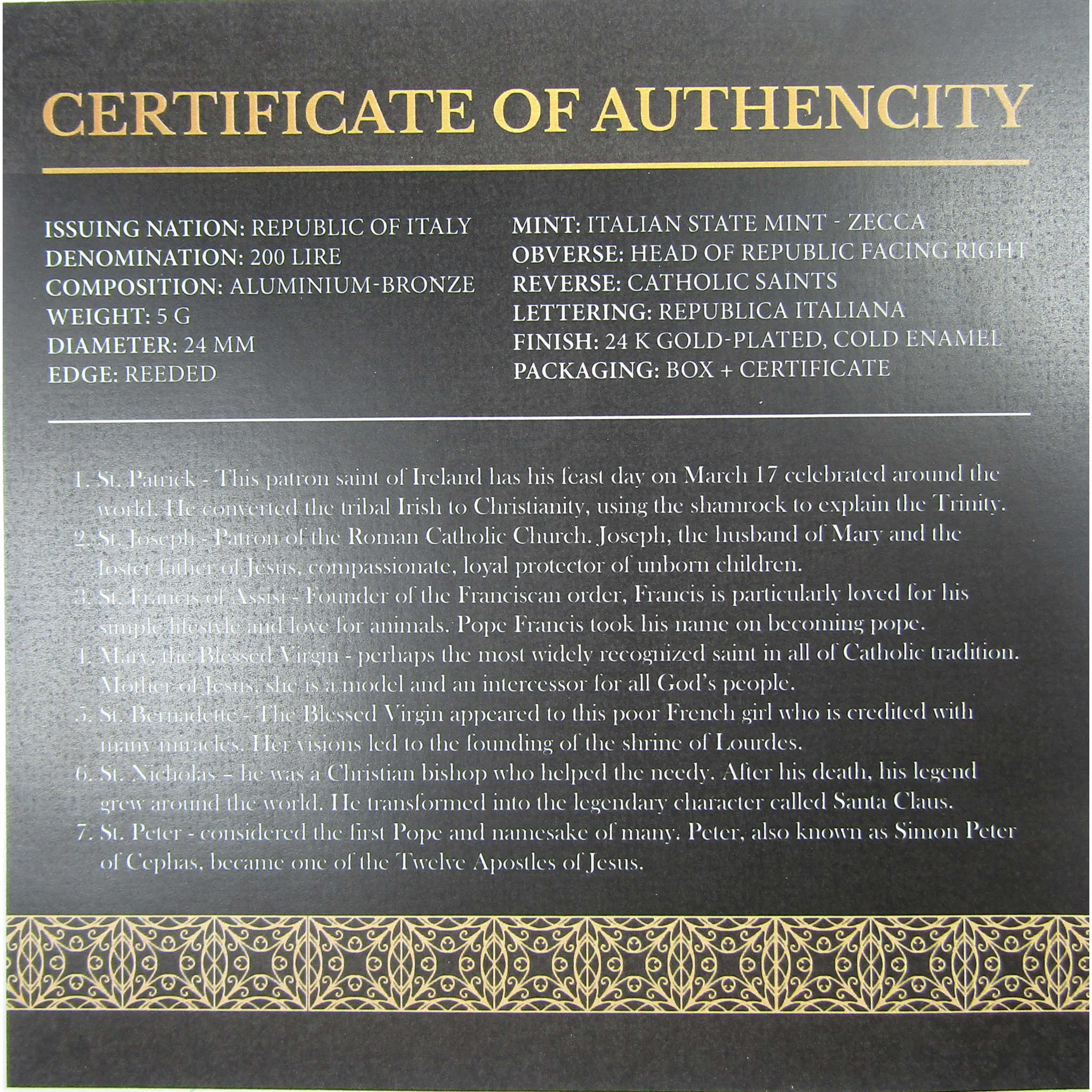 Catholic Saints Gold-Plated & Colorized Italy 200 Lire 7-Coin Set