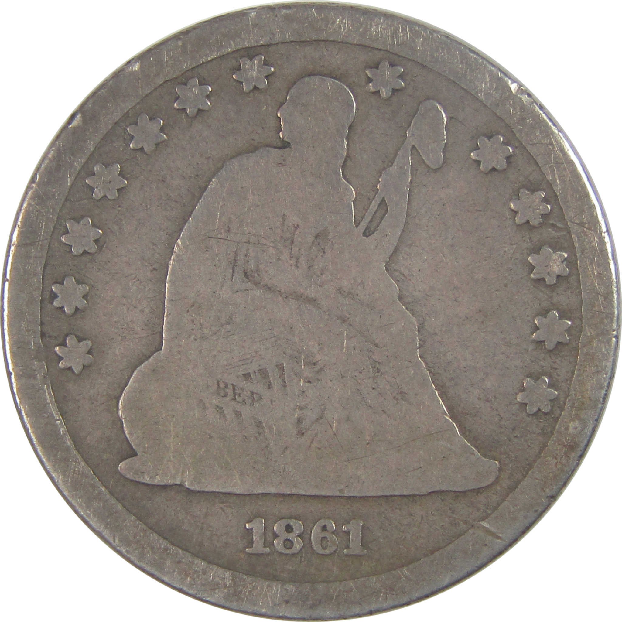 1861 Seated Liberty Quarter G Good Silver 25c Coin SKU:I17263