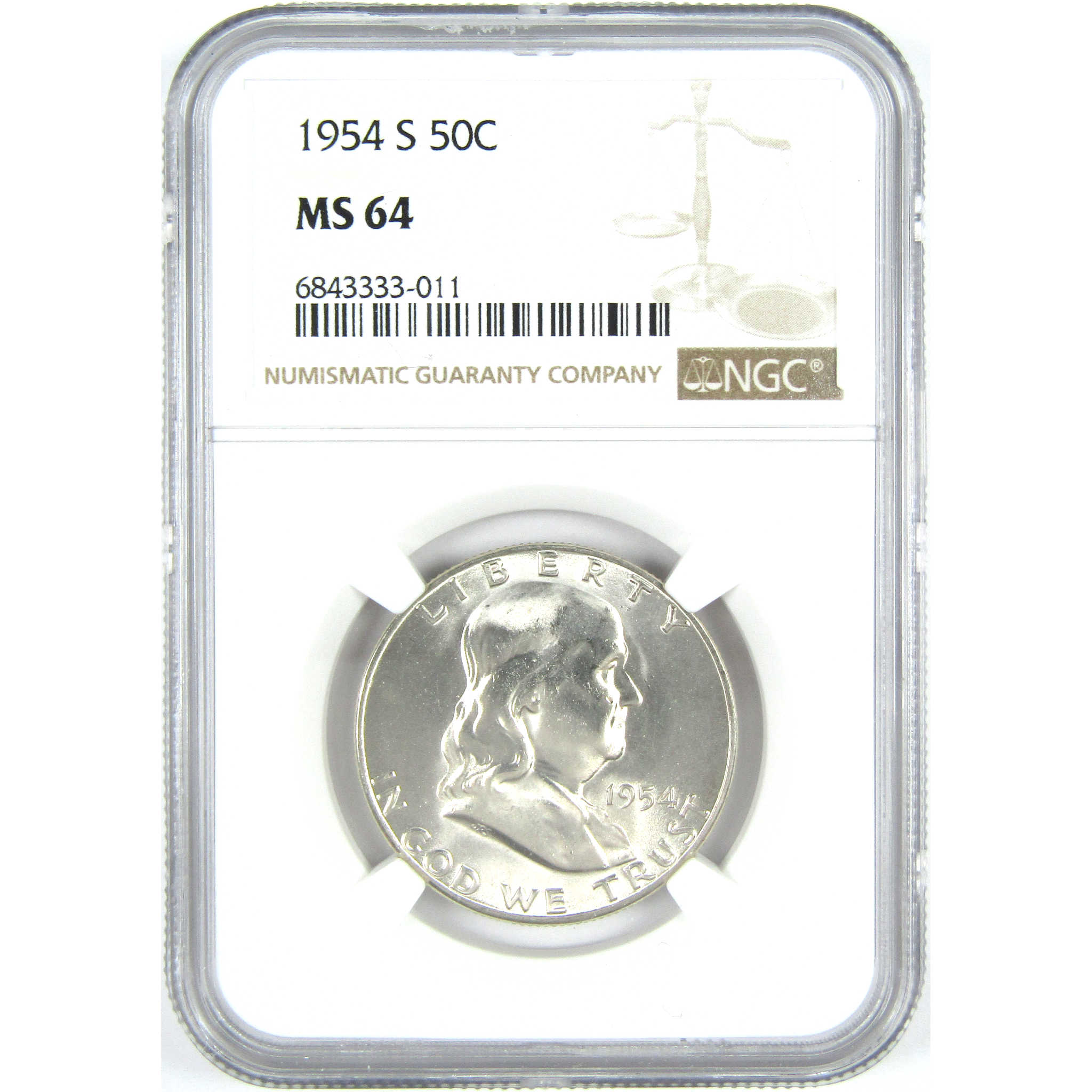 1954 S Franklin Half Dollar MS 64 NGC Silver 50c Unc Coin SKU:I15220