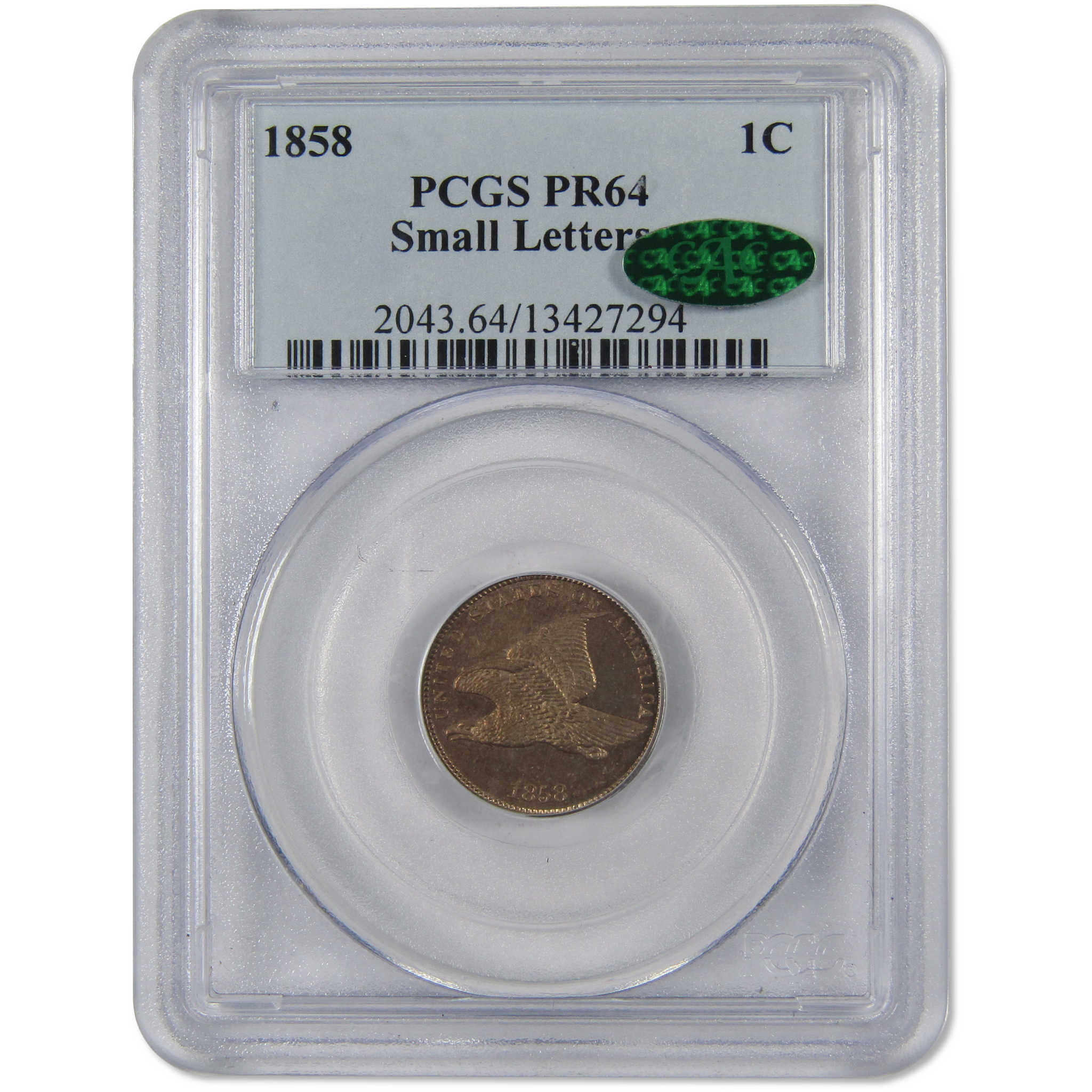 1858 Small Letters Flying Eagle Cent PR 64 PCGS CAC Penny 1c Proof