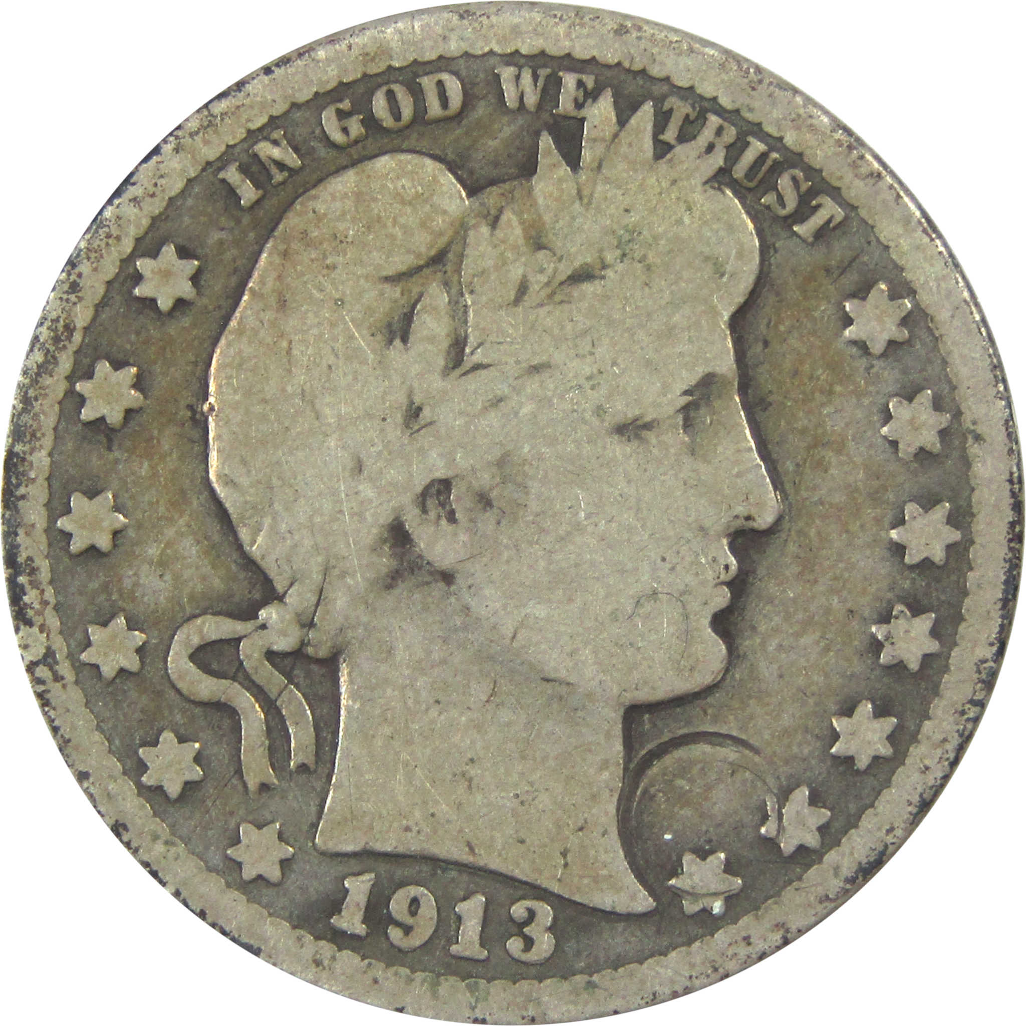 1913 Barber Quarter G Good Silver 25c Coin SKU:I15329