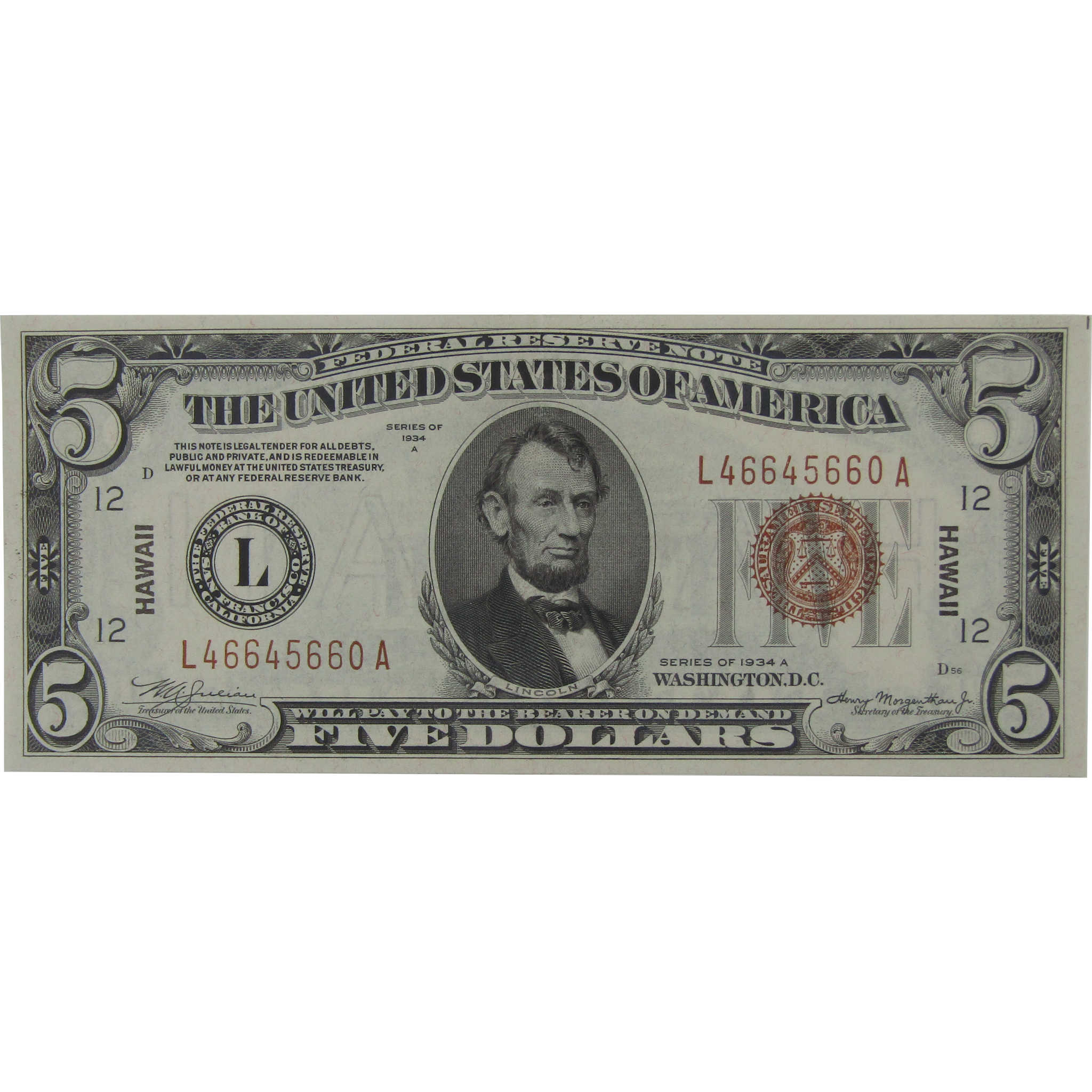 1934 A $5 Federal Reserve Note Hawaii WWII Fr 2302 AU About Unc