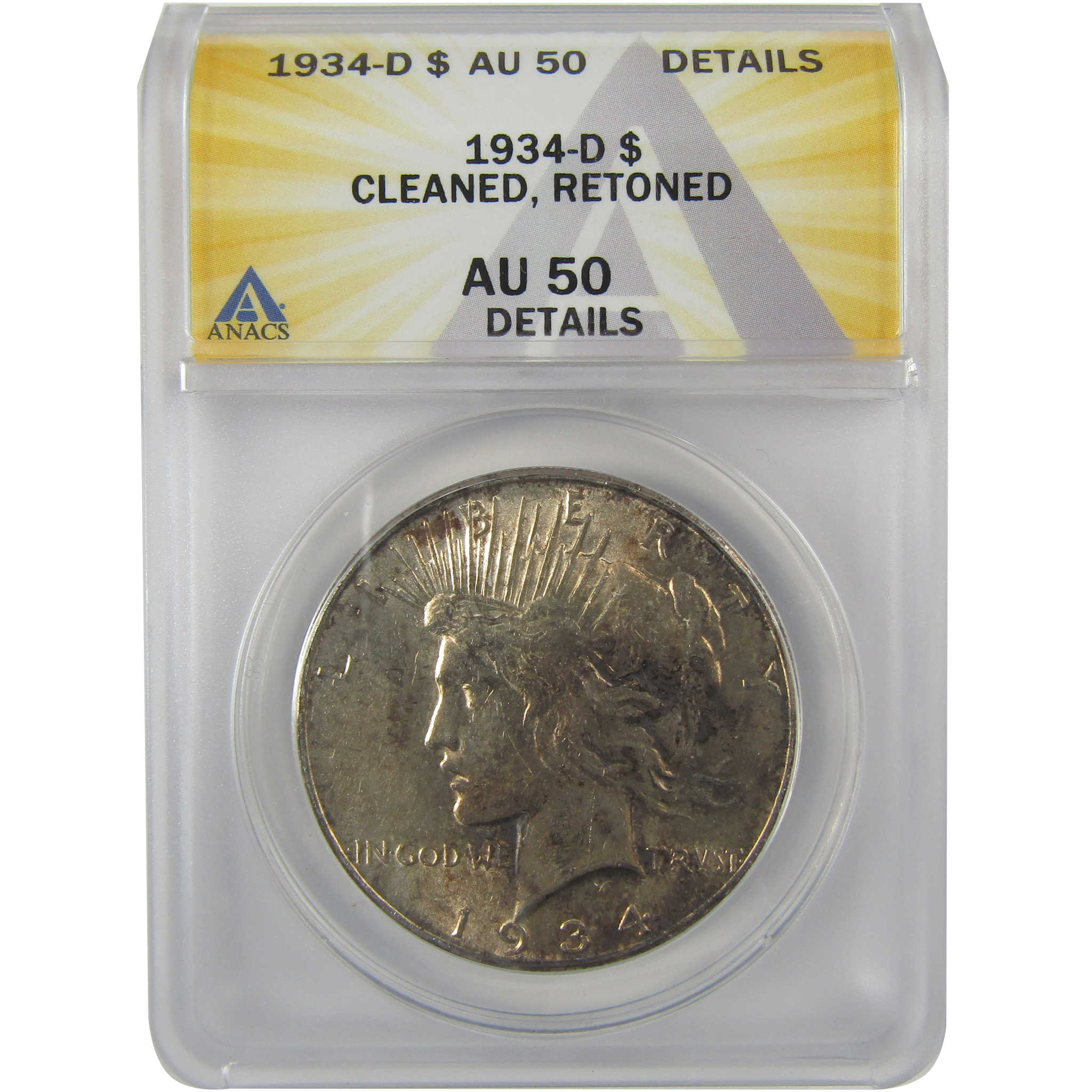 1934 D Peace Dollar AU 50 Details ANACS Silver $1 Coin SKU:I21586