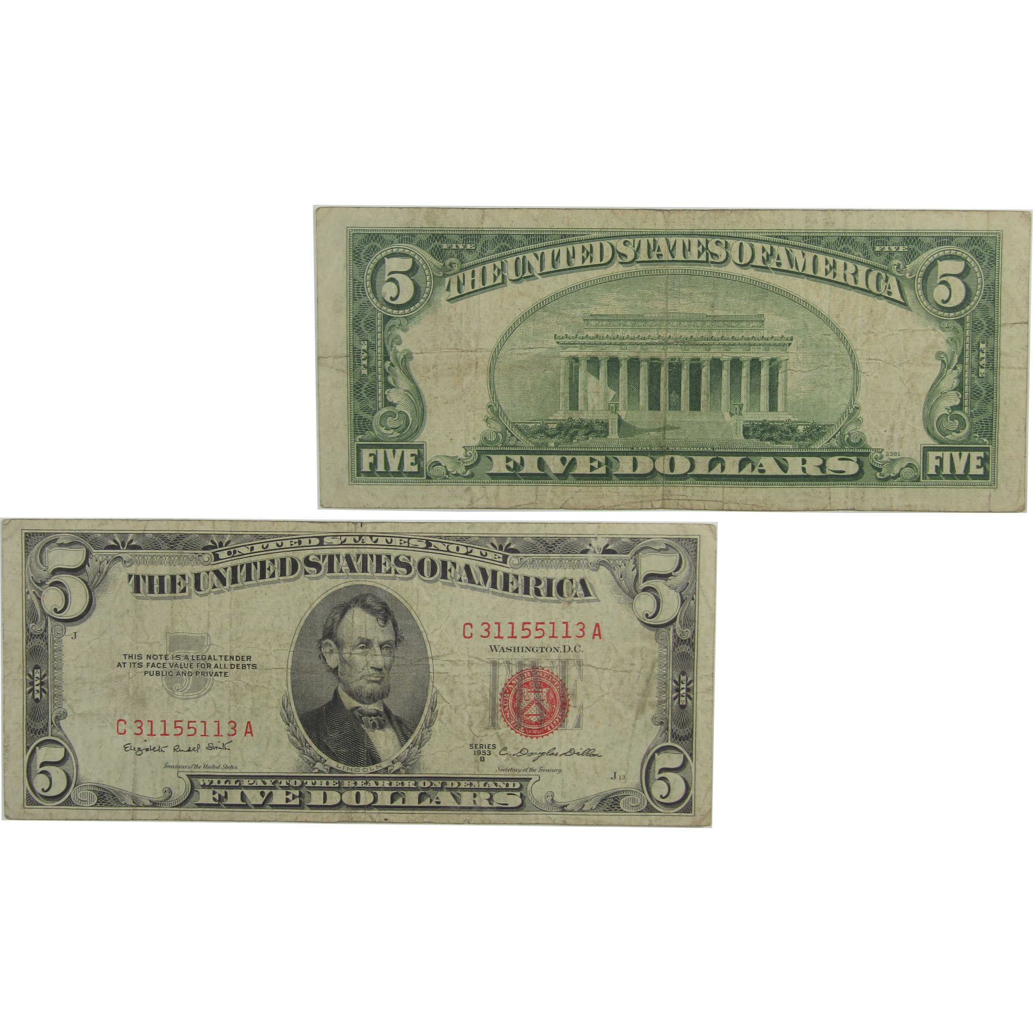 1953 B $5 Small Size Legal Tender Radar Note F Fine Currency