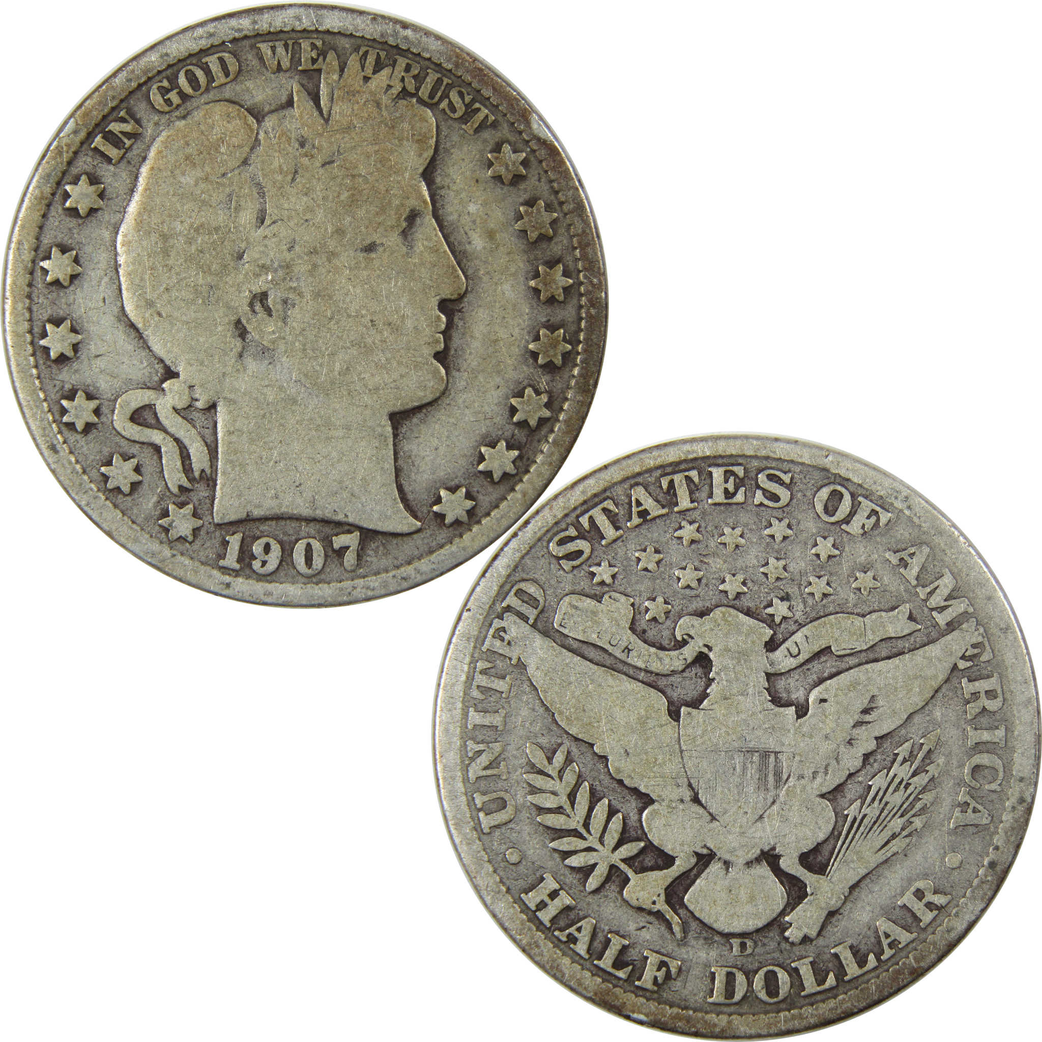 1907 D Barber Half Dollar G Good Silver 50c Coin SKU:I23919