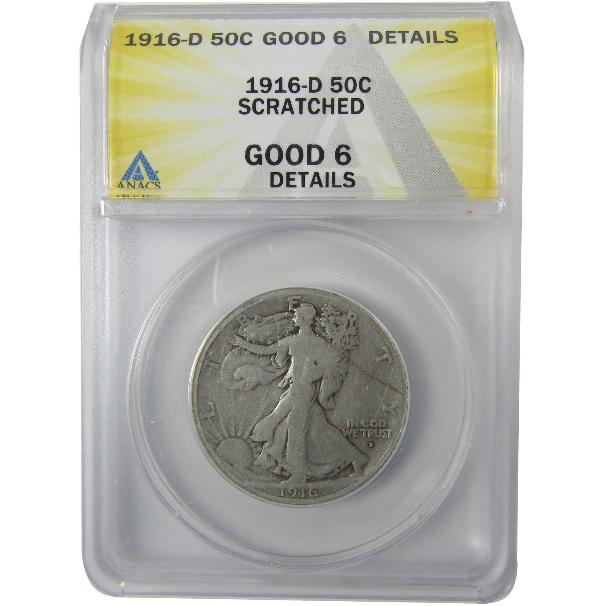 1916 D Liberty Walking Silver Half Dollar G 6 Details ANACS SKU:I25400