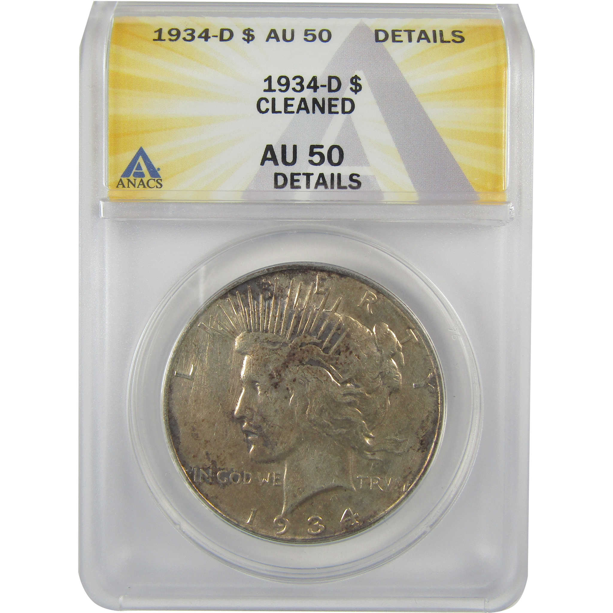 1934 D Peace Dollar AU 50 Details ANACS Silver $1 Coin SKU:I21577