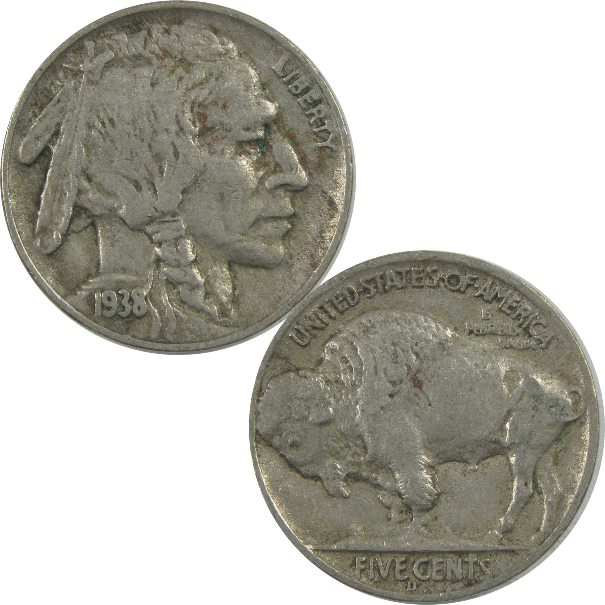 1938 D Indian Head Buffalo Nickel F Fine 5c Coin SKU:I15507