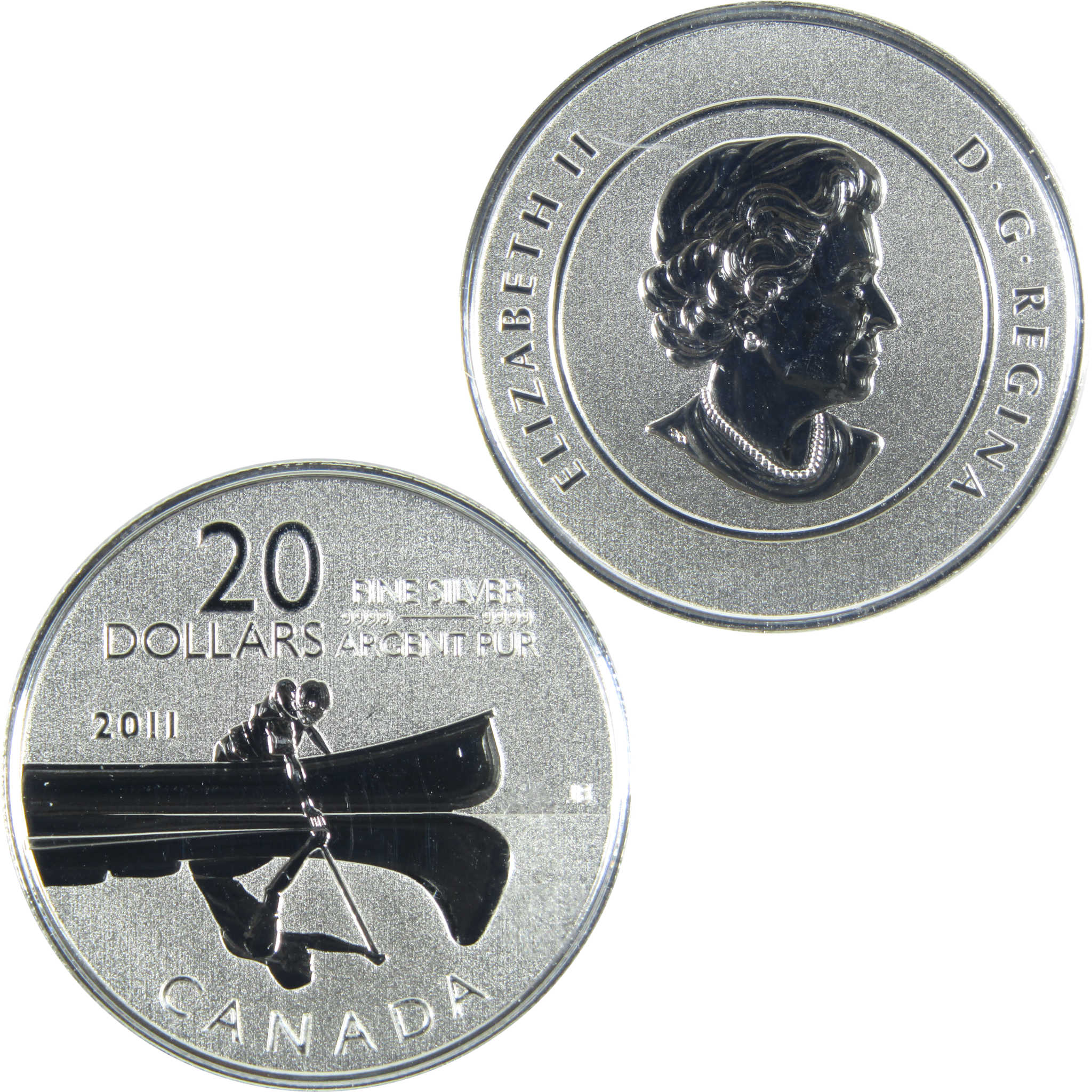 2011 Canoe Paddler With Reflection Canadian .999 Silver SKU:CPC7521