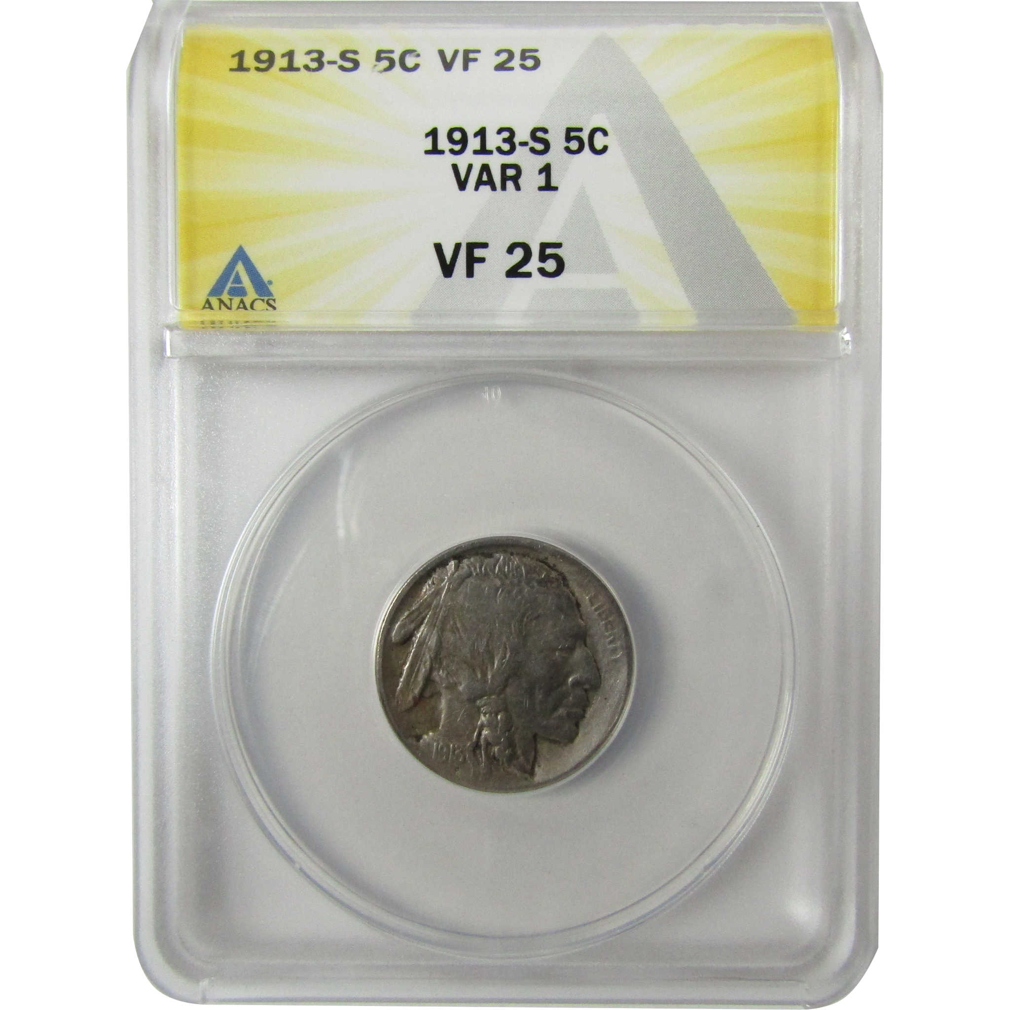 1913 S Type 1 Indian Head Buffalo Nickel VF 25 ANACS SKU:I28591
