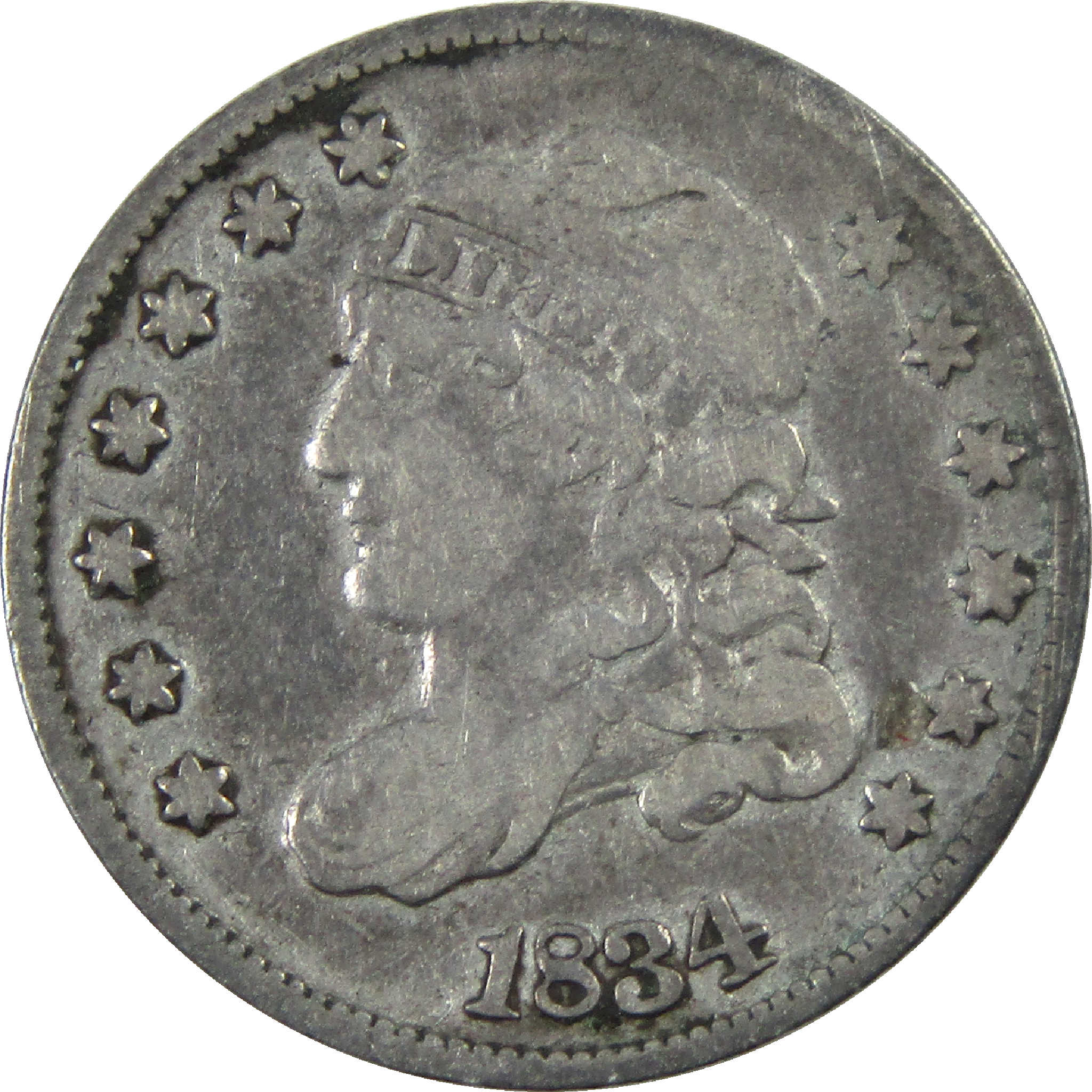 1834 Capped Bust Half Dime F Fine Details Silver 5c Coin SKU:I12326