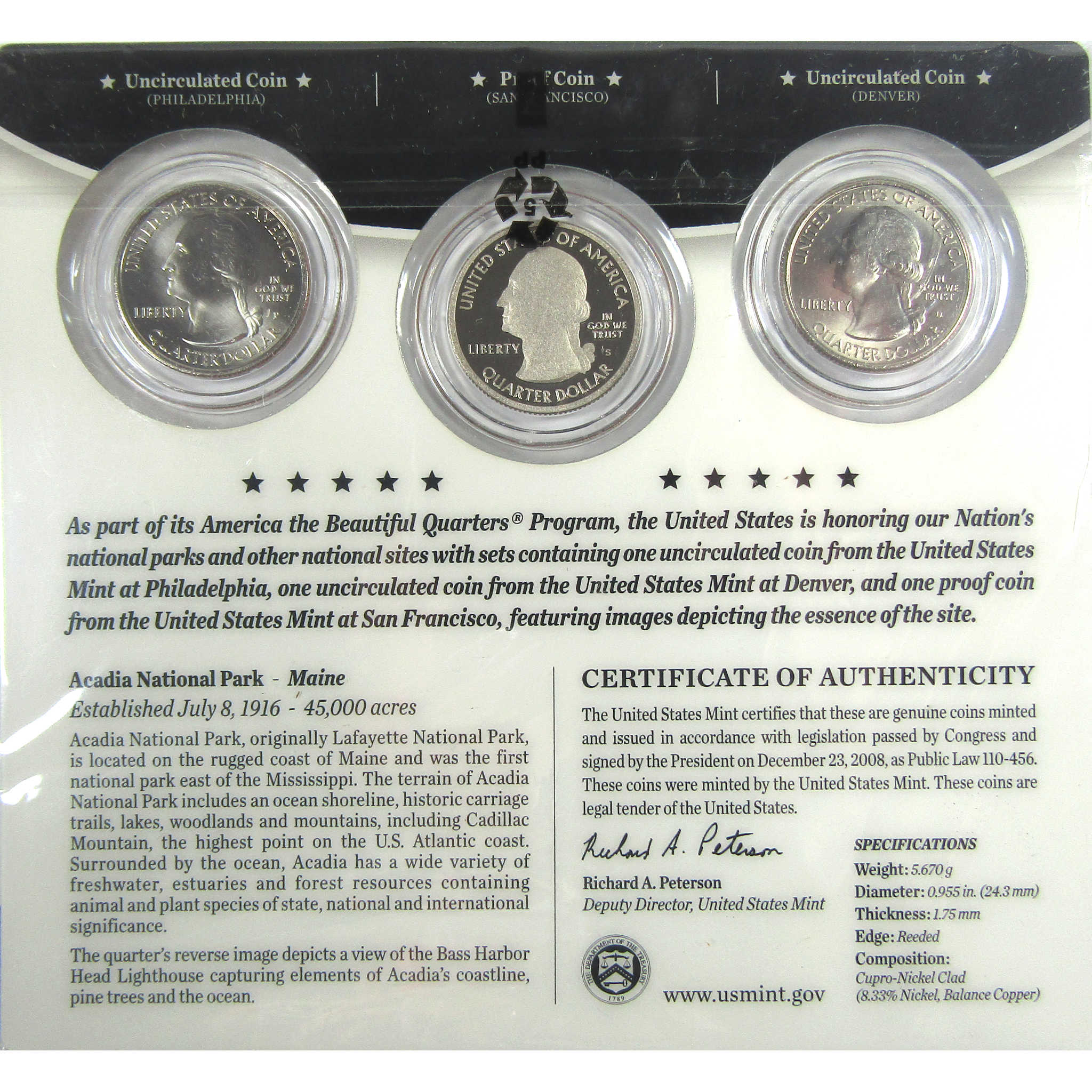 2012 P D S Acadia NP National Park Quarter 3 Piece Set SKU:CPC9014