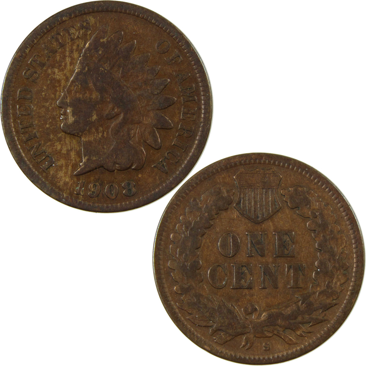 1908 S Indian Head Cent VG Very Good Details Penny 1c Coin SKU:I28620