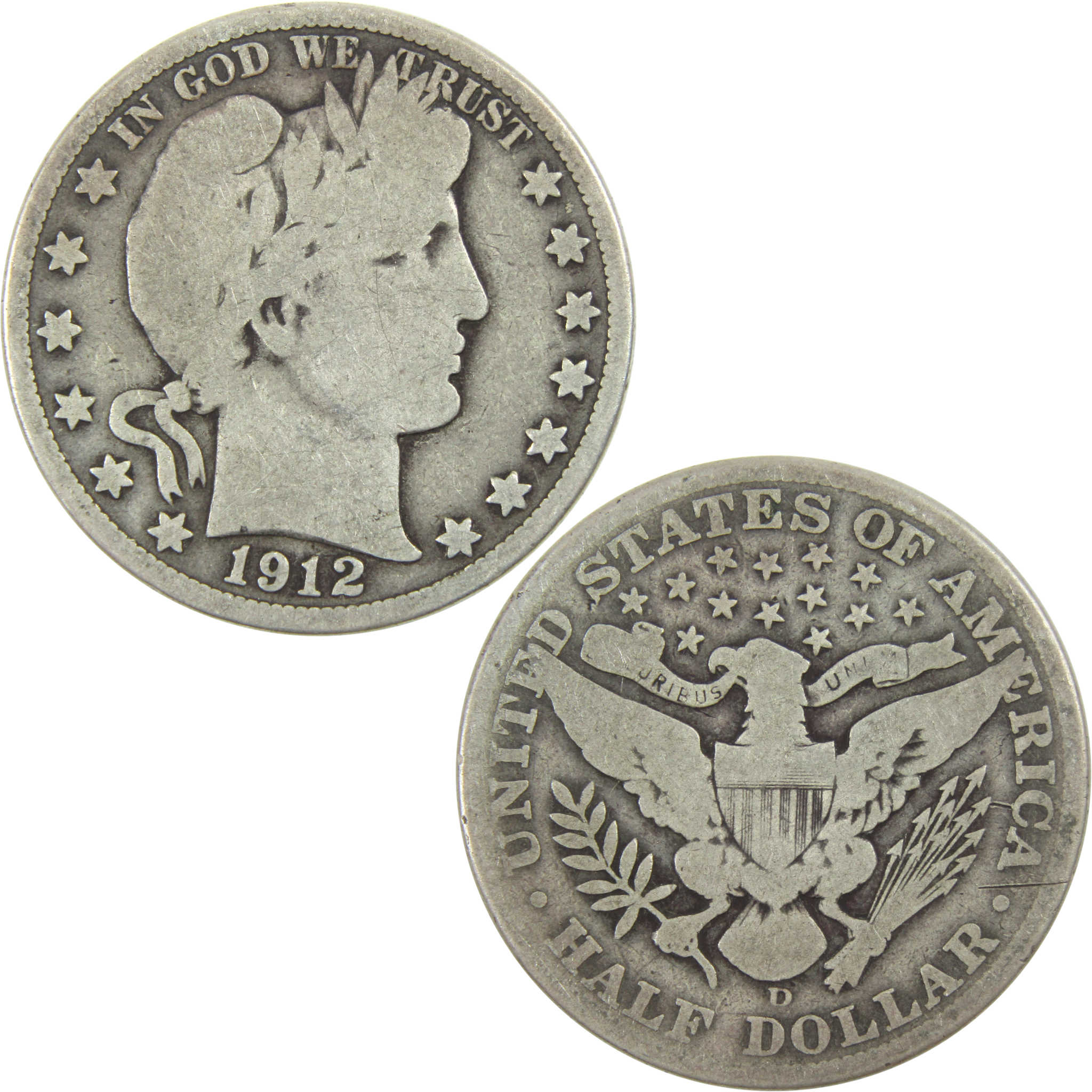 1912 D Barber Half Dollar G Good Silver 50c Coin SKU:I12808