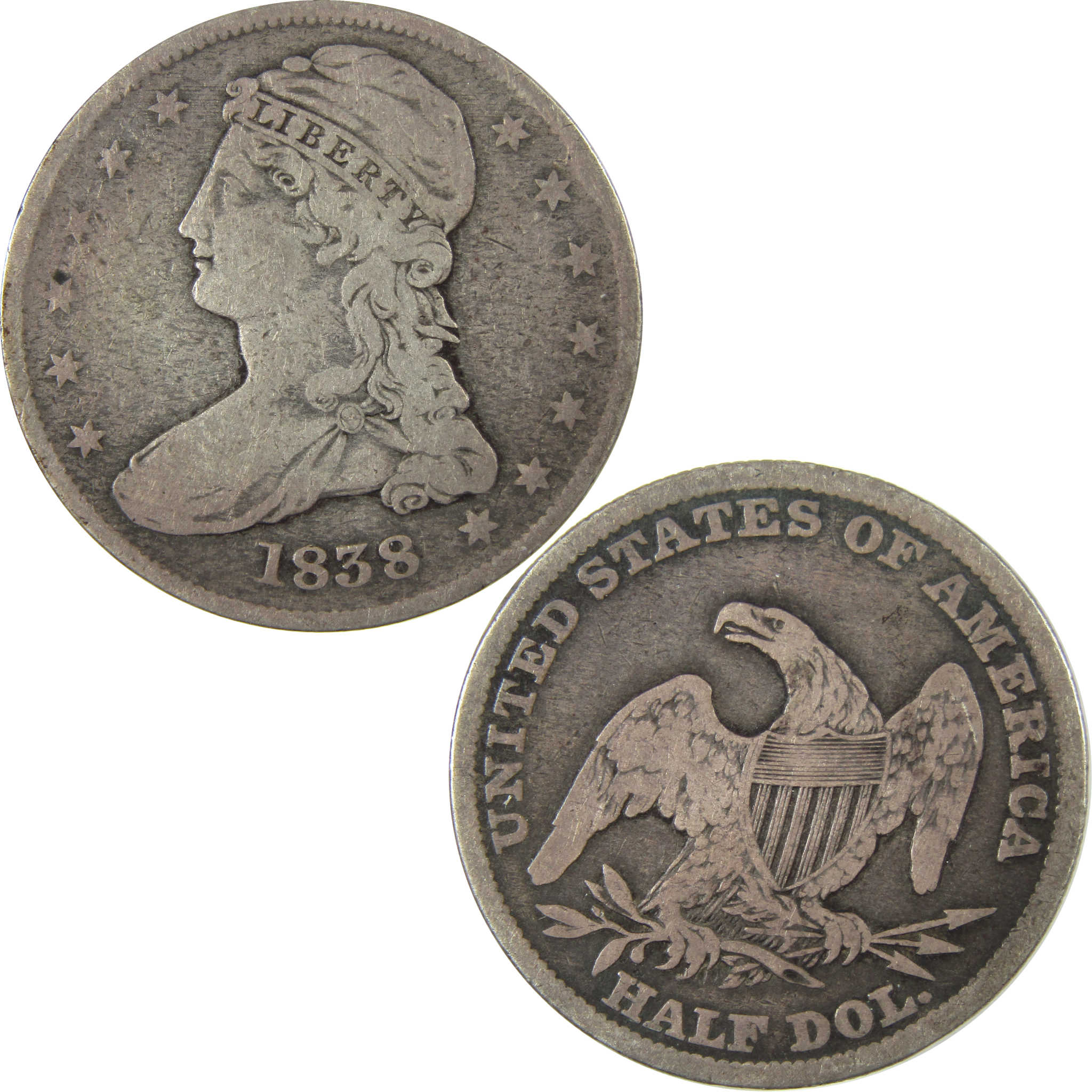 1838 Capped Bust Silver Half Dollar F Fine 50c Coin SKU:I28250