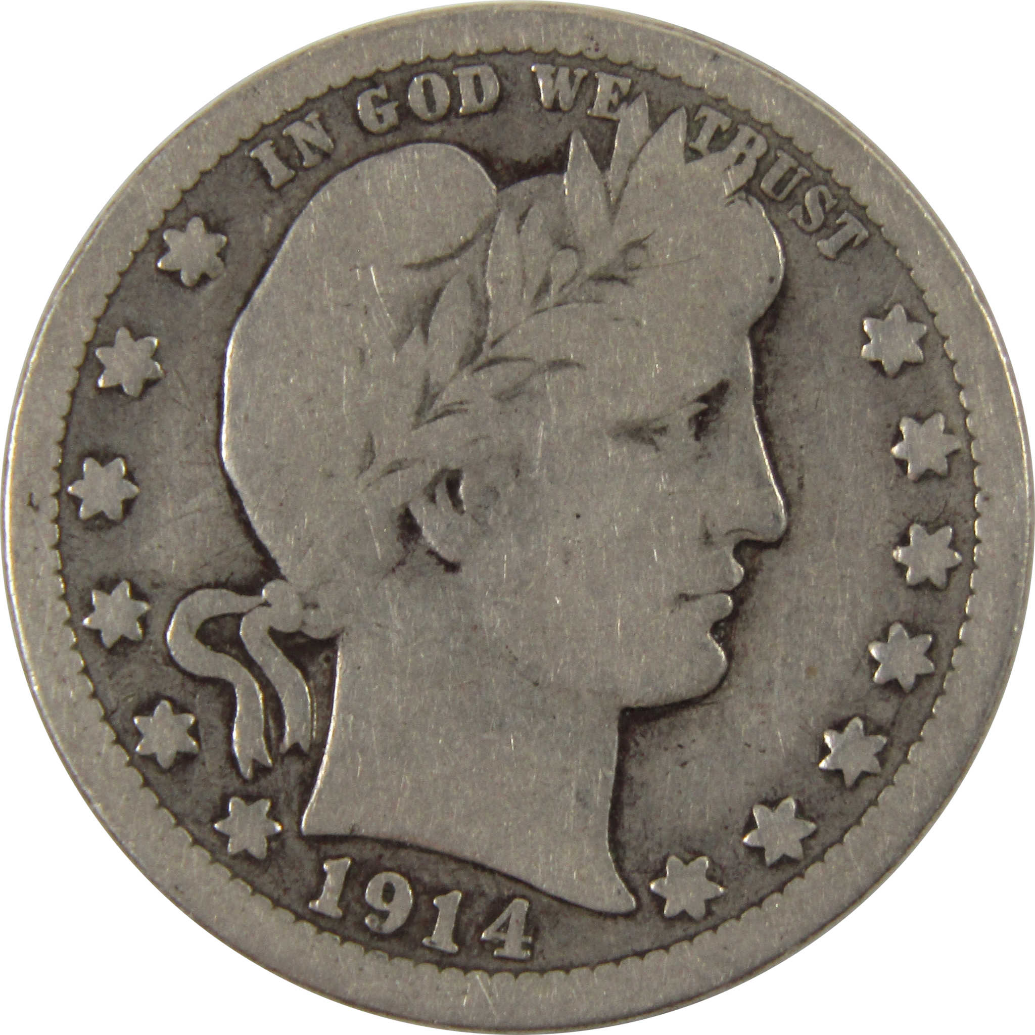 1914 Barber Quarter VG Very Good 90% Silver 25c Coin SKU:I9926