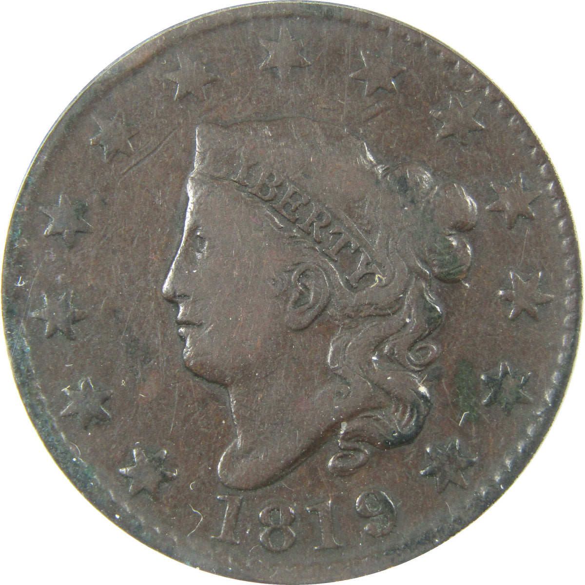 1819 Large Date Coronet Head Large 1c F 12 Details ANACS SKU:I28581