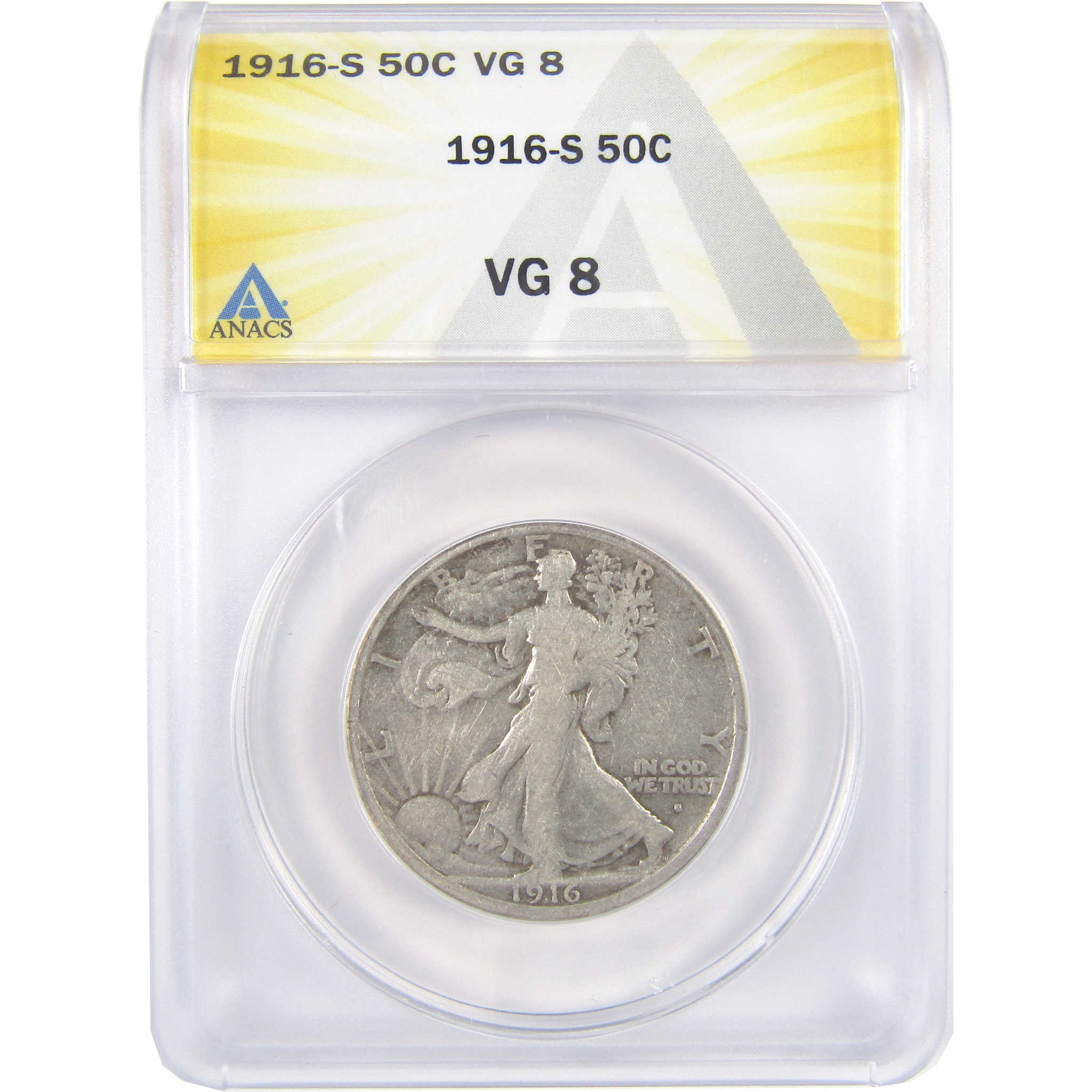 1916 S Liberty Walking Half Dollar VG 8 ANACS Silver 50c SKU:I17441