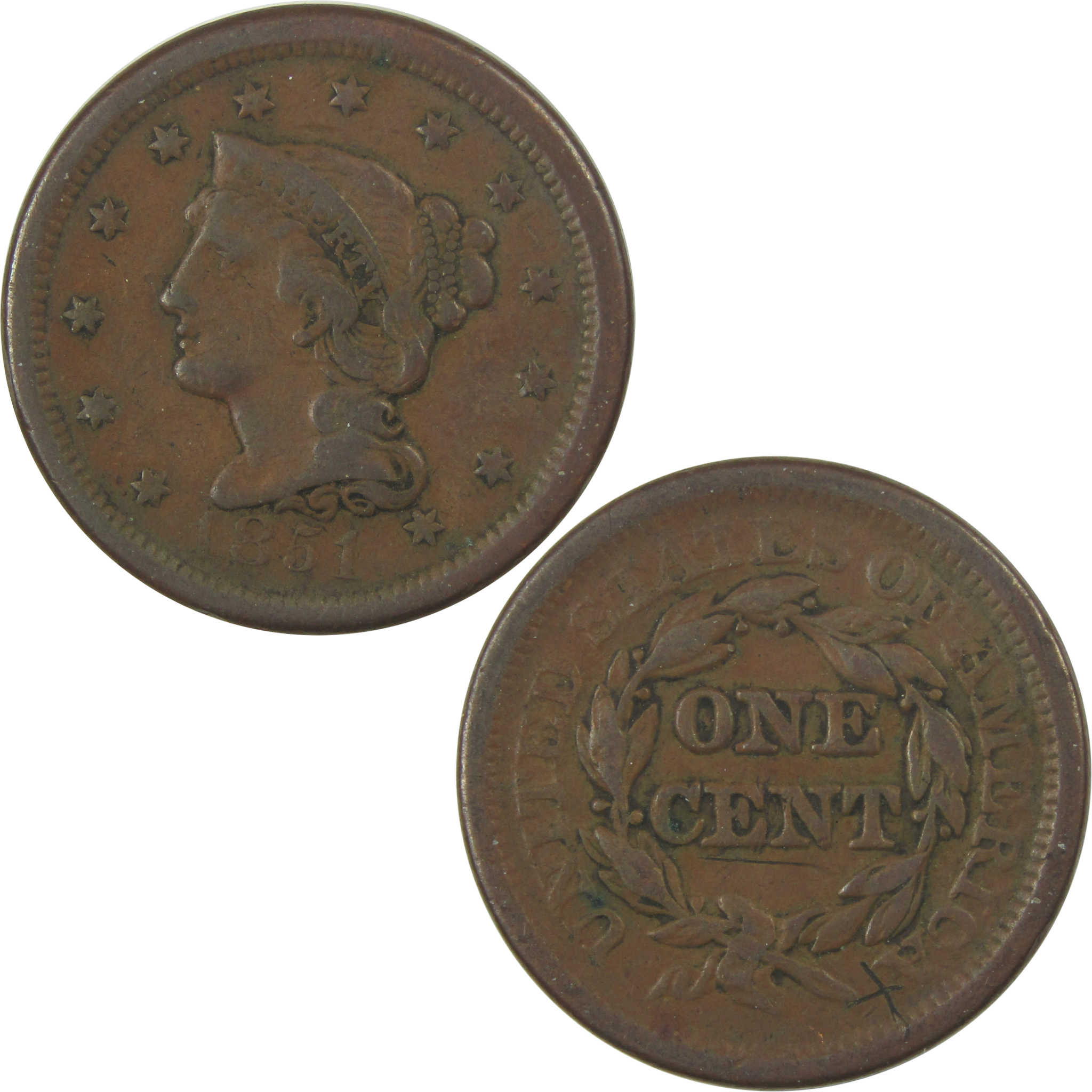 1851 Braided Hair Large Cent F Fine Copper Penny 1c Coin SKU:I22252