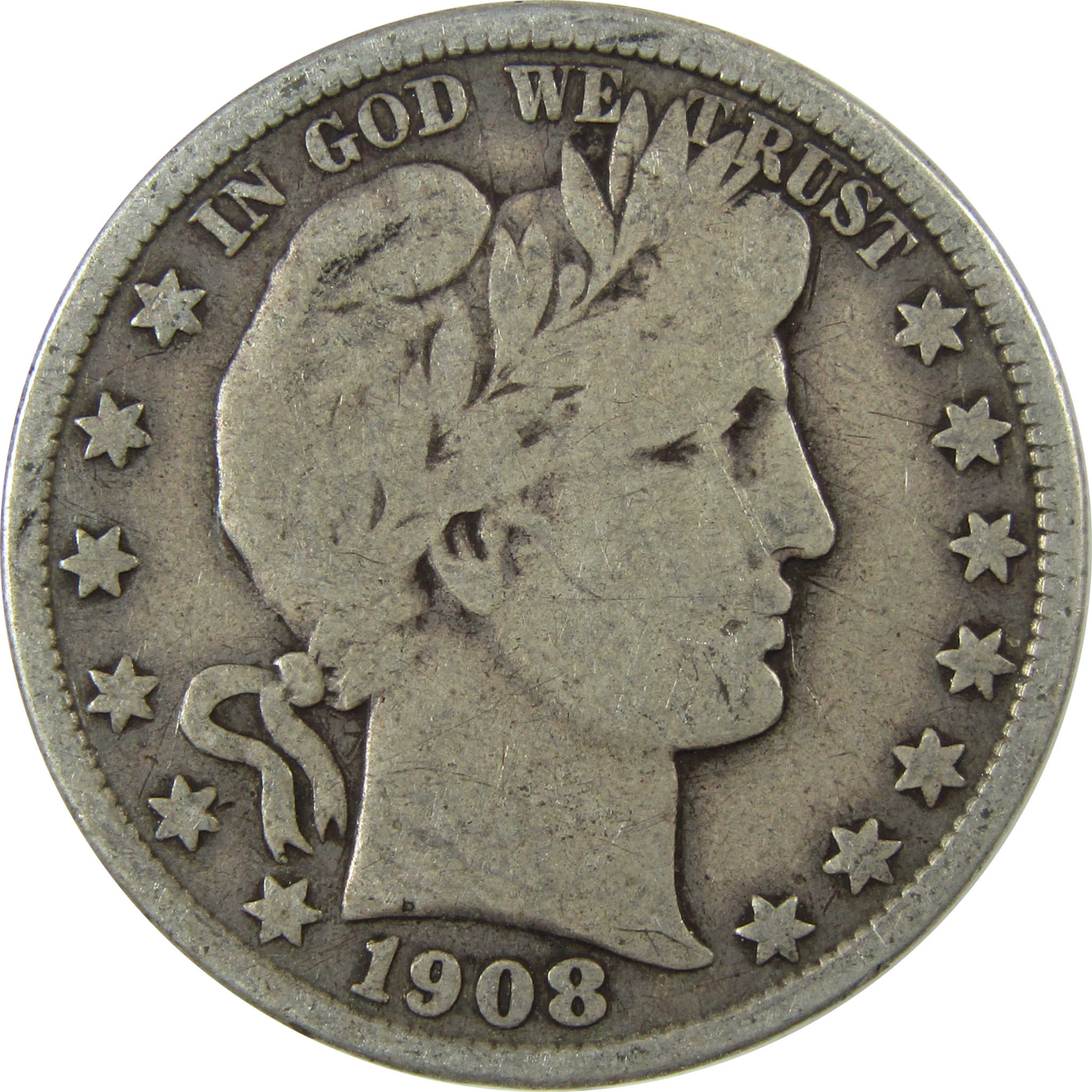 1908 D Barber Silver Half Dollar VG Very Good 50c Coin SKU:I25810