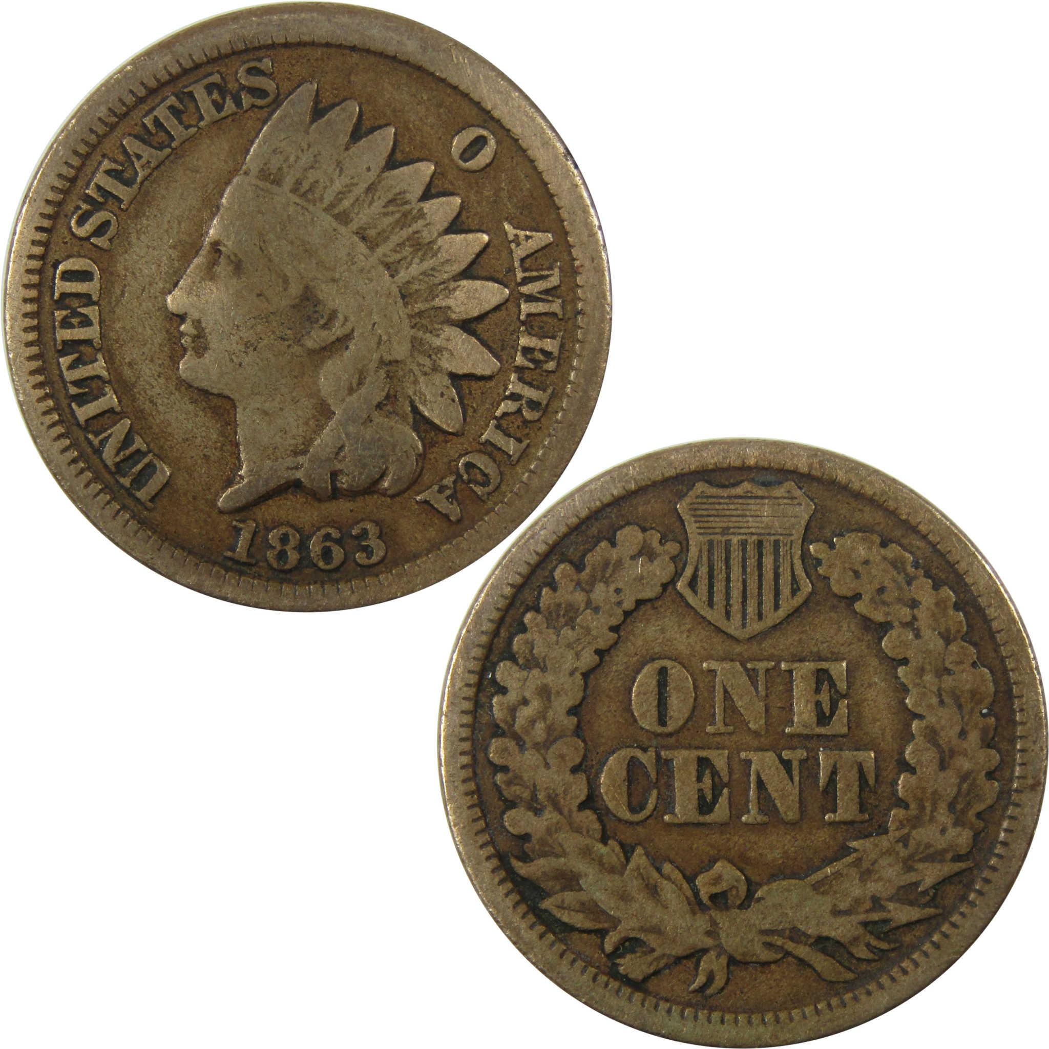 1863 Indian Head Cent VG Very Good Details Penny 1c Coin SKU:CP1272