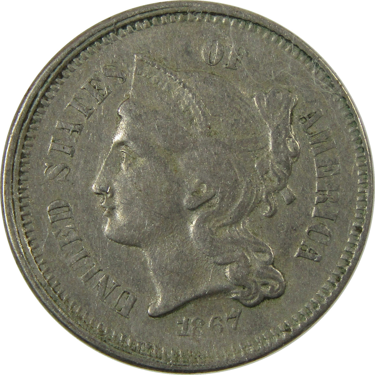 1867 Nickel Three Cent Piece XF EF Extremely Fine 3c Coin SKU:I28514