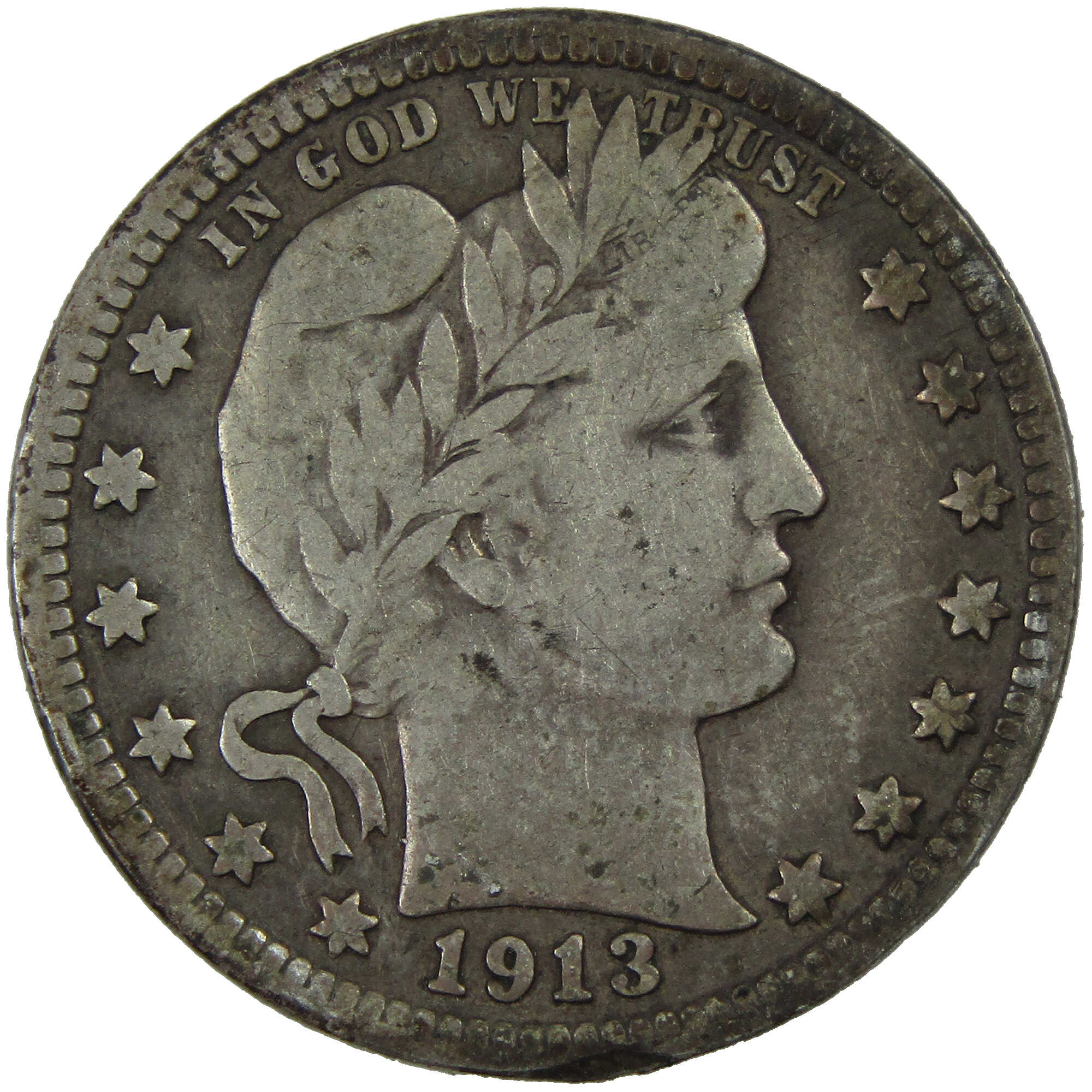 1913 Barber Quarter VG Very Good Details Silver 25c Coin SKU:I12729