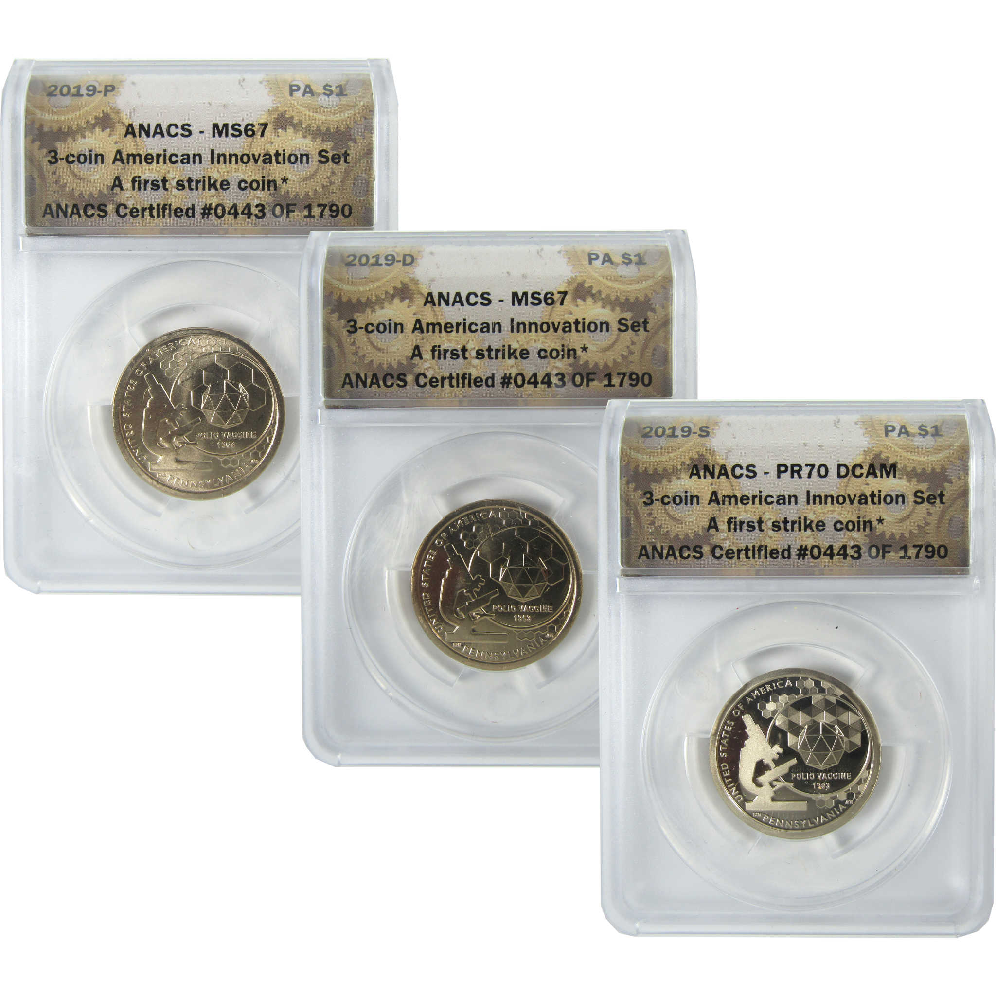 2019 PDS Polio Vaccine Innovation Dollar 3 Coin Set ANACS SKU:CPC9371