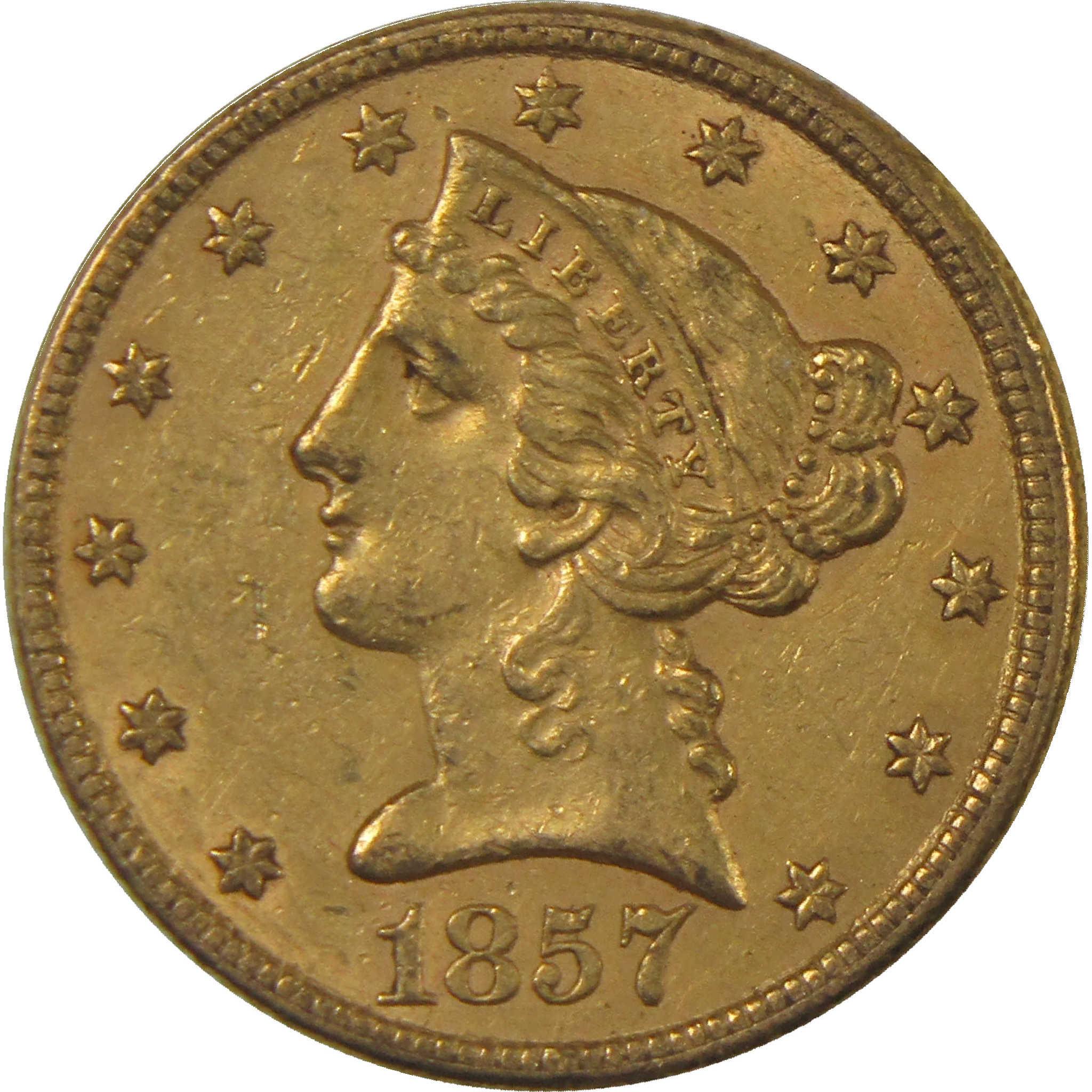 1857 Liberty Head Gold Half Eagle AU About Uncirculated $5 Coin
